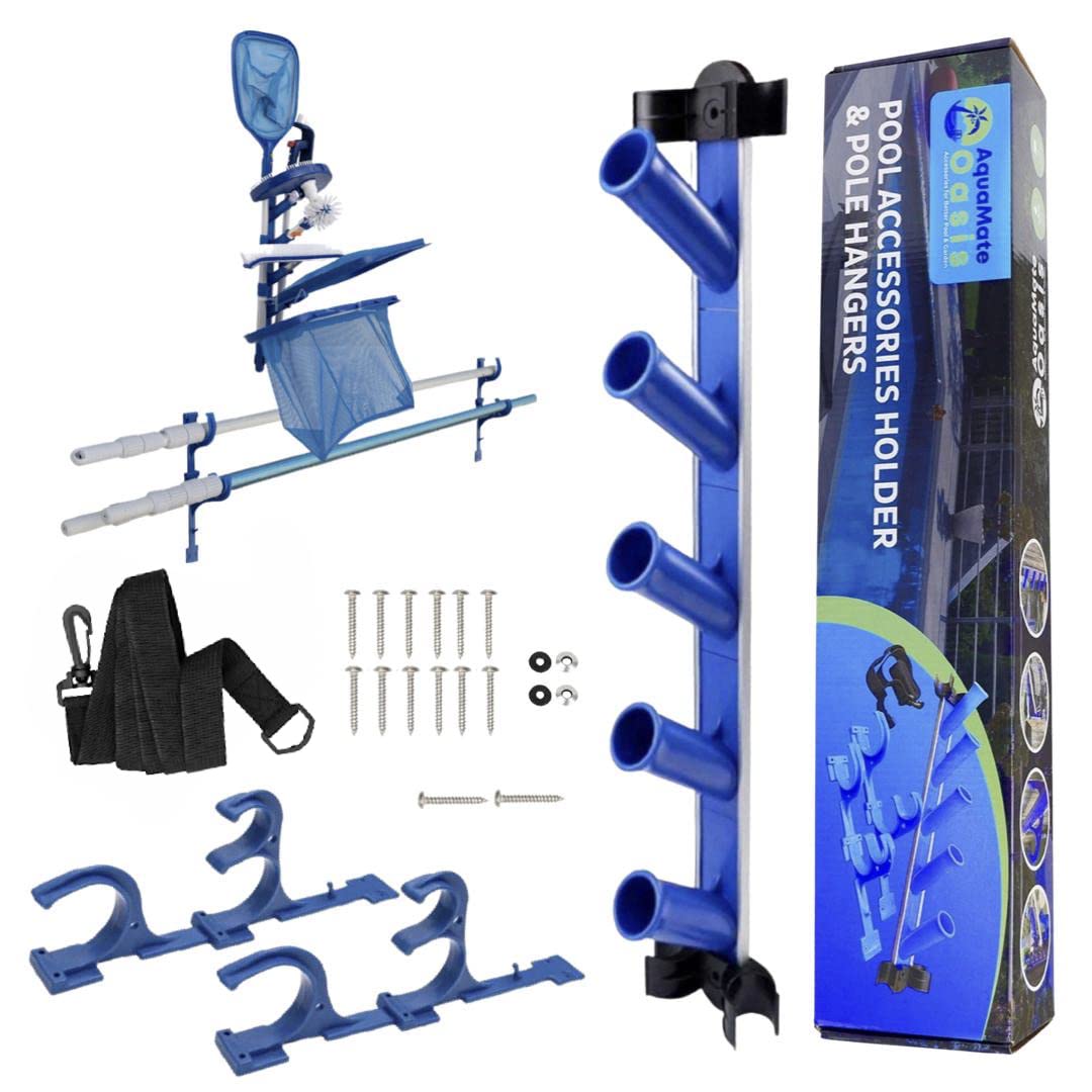 Aquamate Oasis fence-mounted pool accessories holder keeps tools organized and accessible.
