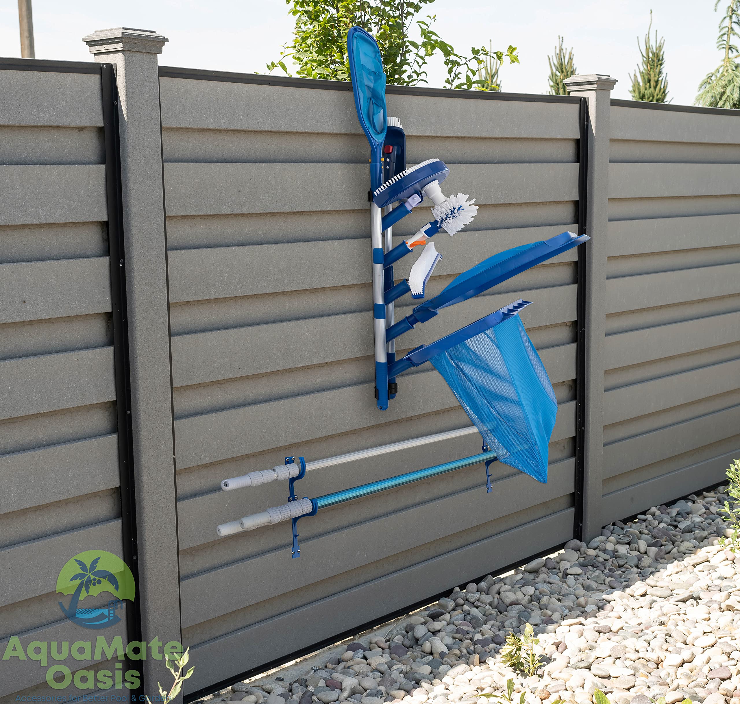 Aquamate Oasis pole hangers secure pool poles for tidy storage.