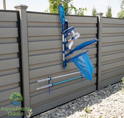 Aquamate Oasis pole hangers secure pool poles for tidy storage.