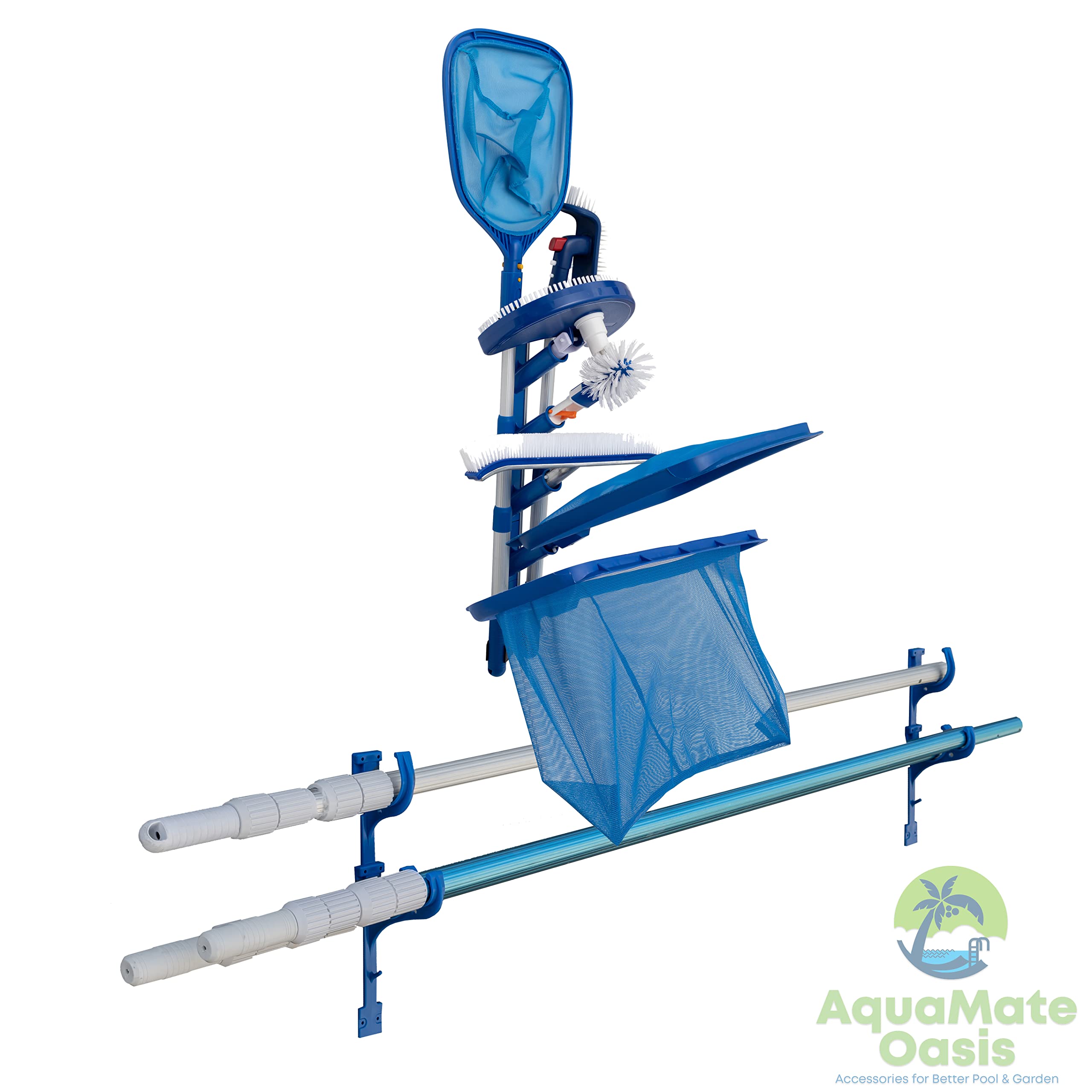 Aquamate Oasis side view shows compact rack fitting beside the pool area.