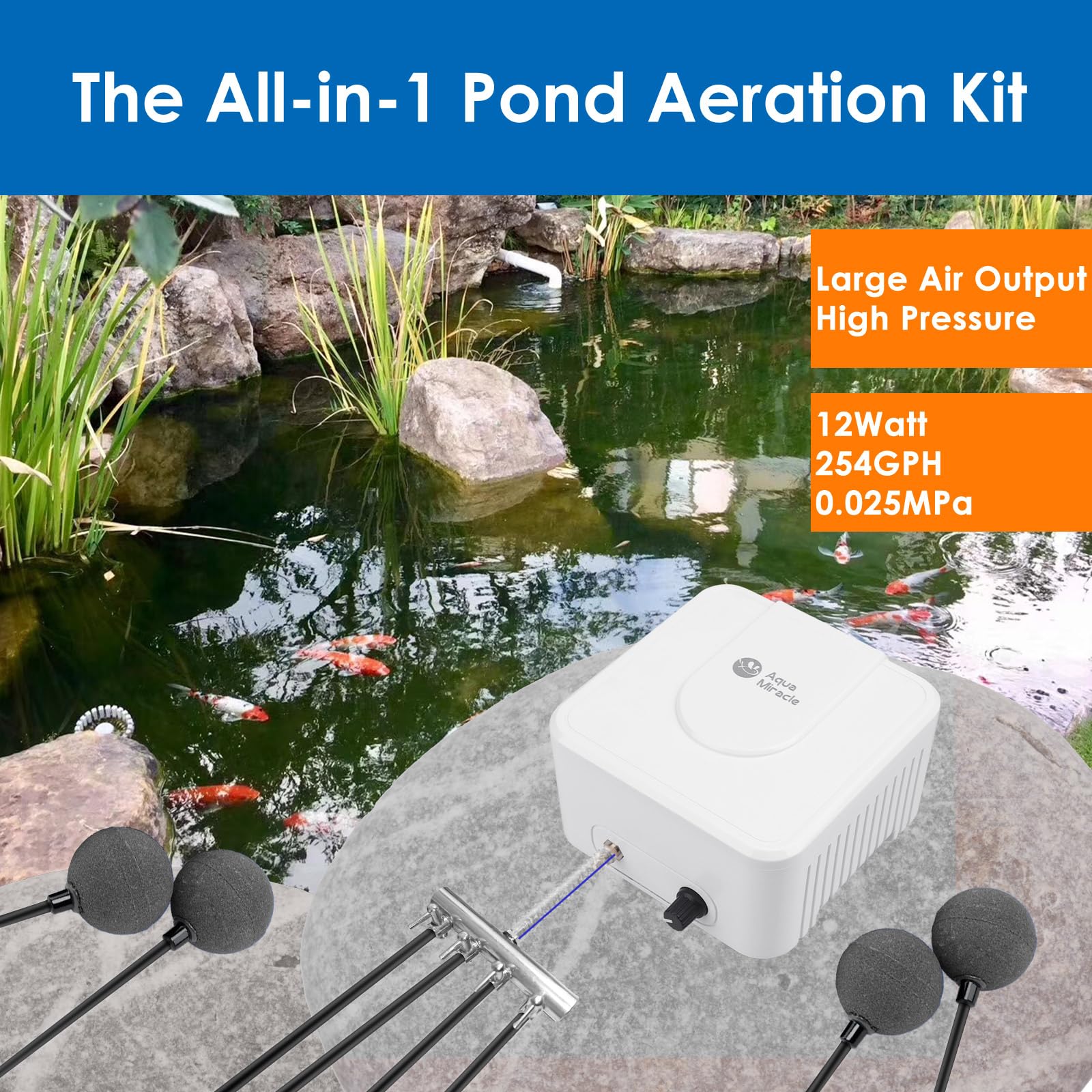 AquaMiracle 4-way manifold highlights efficient air distribution across multiple pond zones.