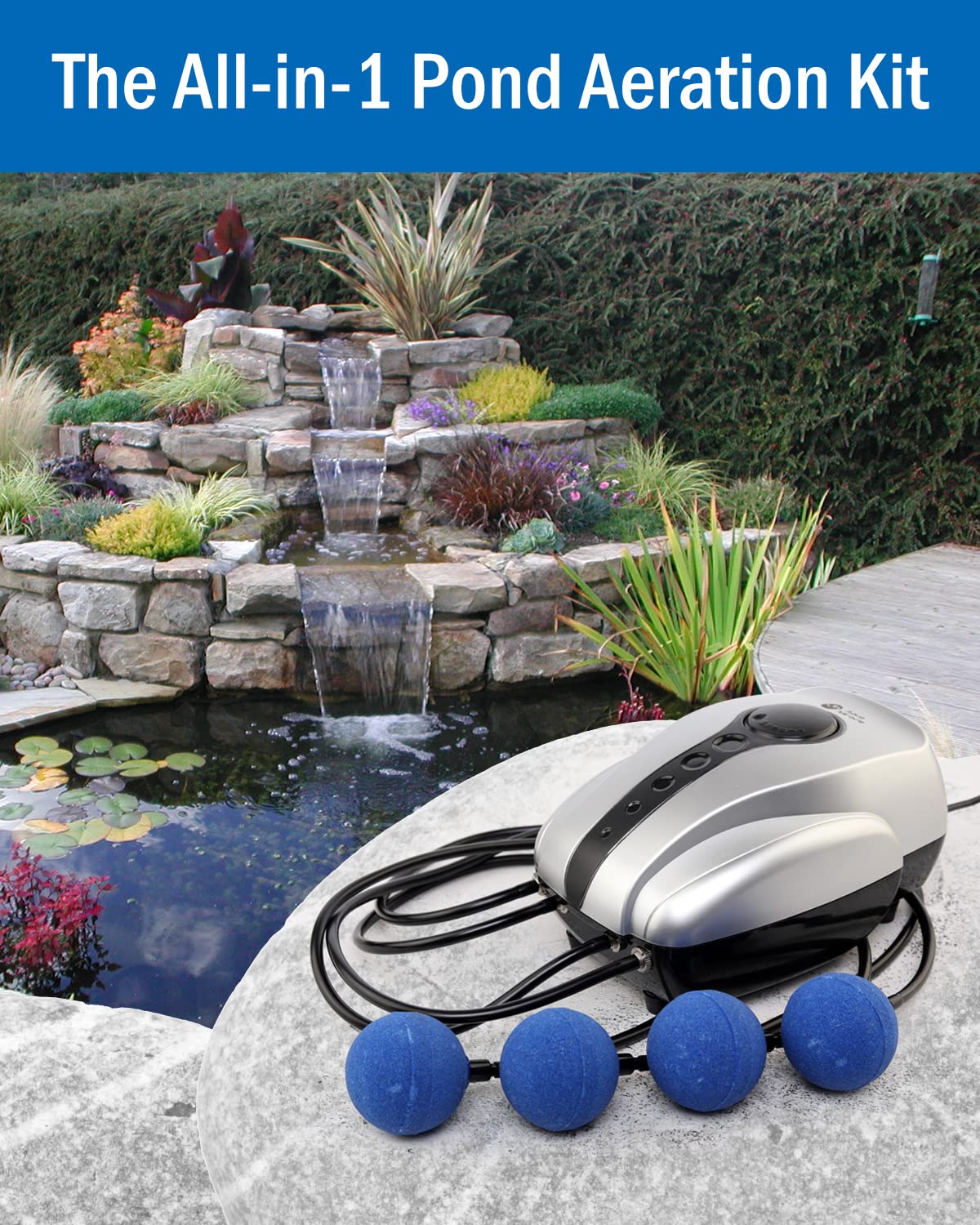 AquaMiracle pond air pump top view showing compact, silent design