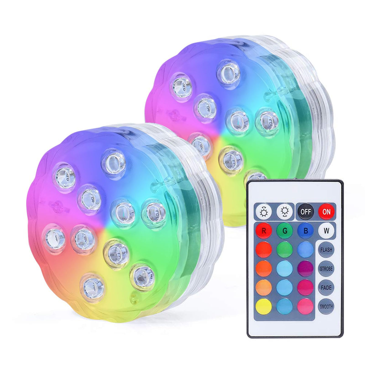 Aquamiracle submersible LED light with remote illuminates pools and hot tubs.