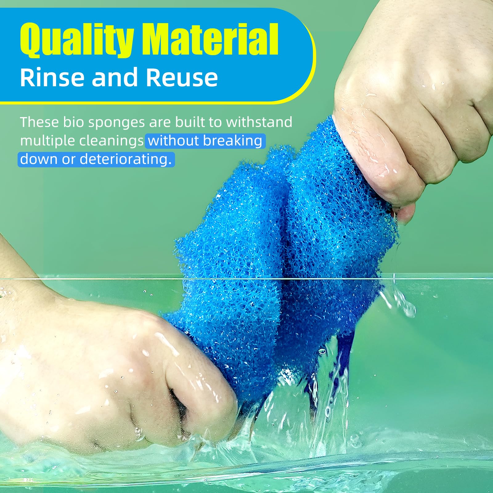 AQUANEAT yellow-blue sponges highlight dual-color filtration media.