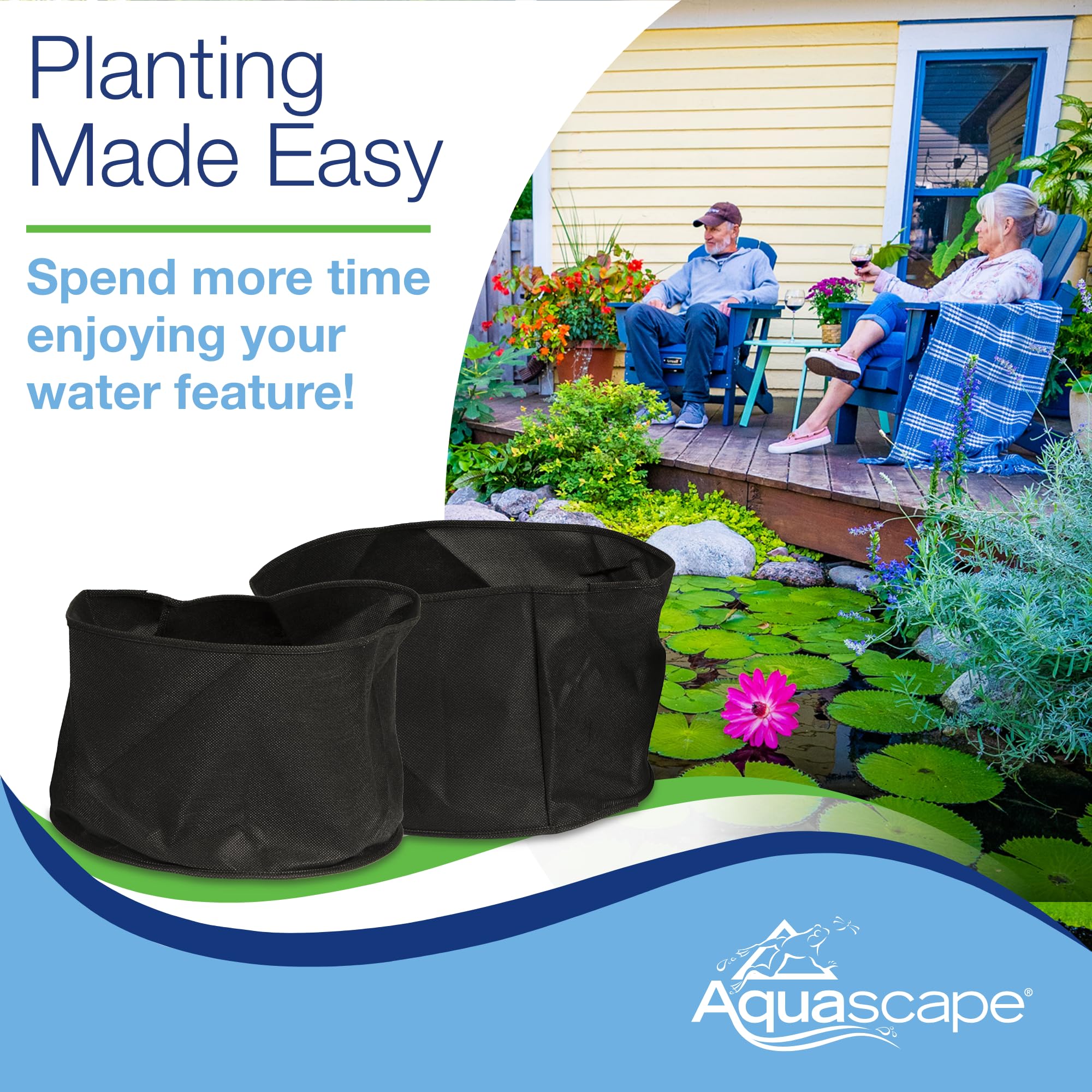 Aquascape fabric plant pot 12in round with plants shows stylish discreet blending