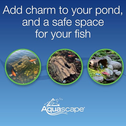 Aquascape faux log fish cave installed in pond for natural hiding spots.