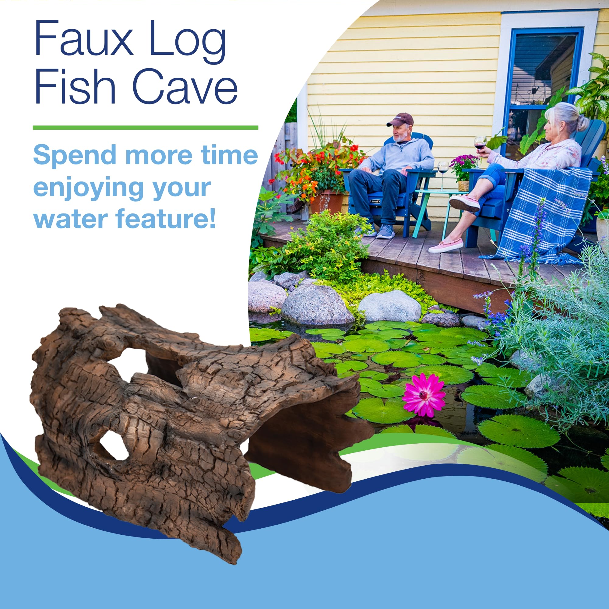 Aquascape faux log fish cave blends with landscaping while providing shelter.