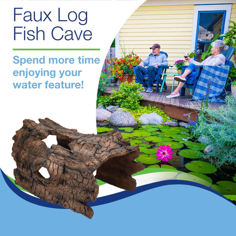 Aquascape faux log fish cave blends with landscaping while providing shelter.