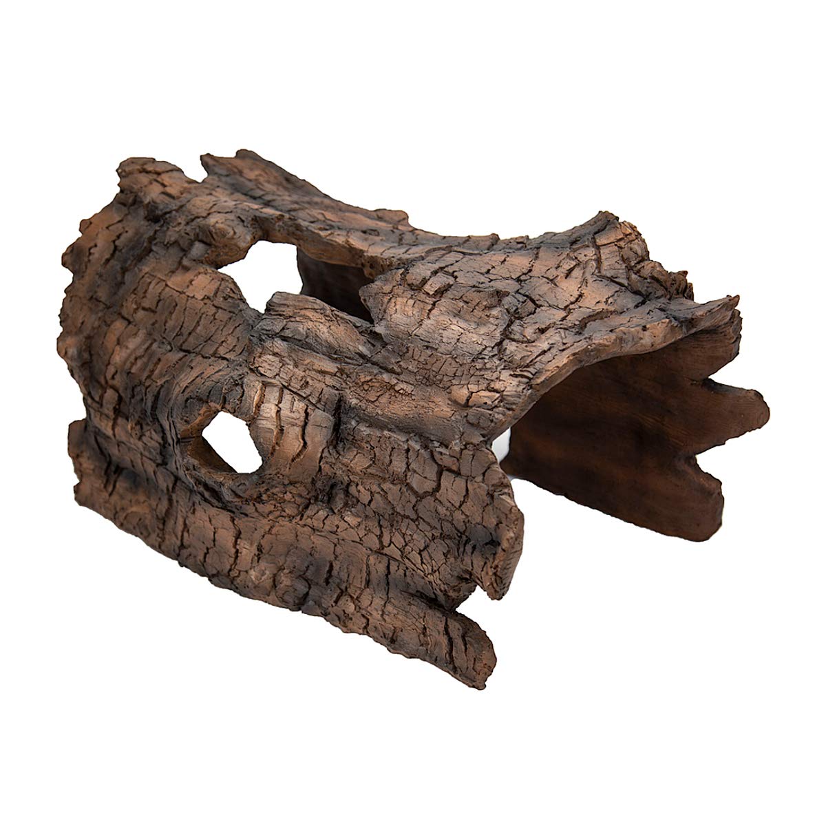Aquascape faux log fish cave shelters koi in pond, reducing predator exposure.