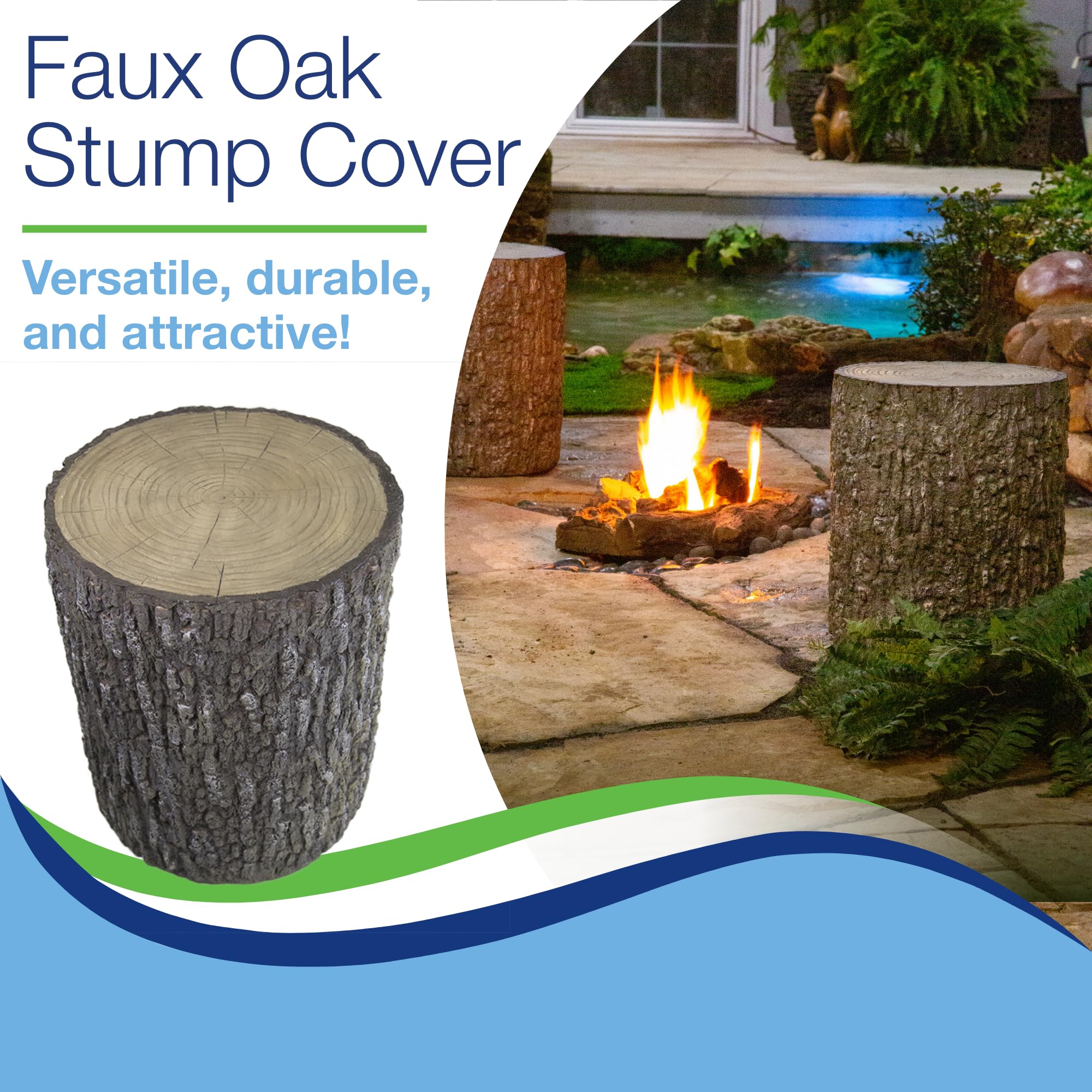Aquascape faux oak stump cover measures 18.5in by 15in and weighs 19lb