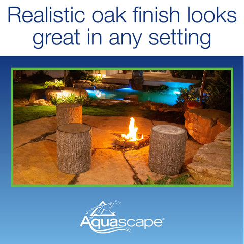 Aquascape faux oak stump cover installed in garden hides cords and fixtures
