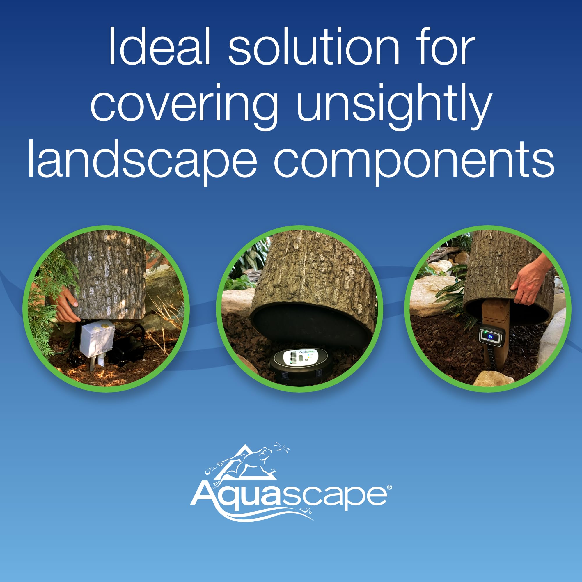 Aquascape faux oak stump cover side view blends into landscape for discreet concealment