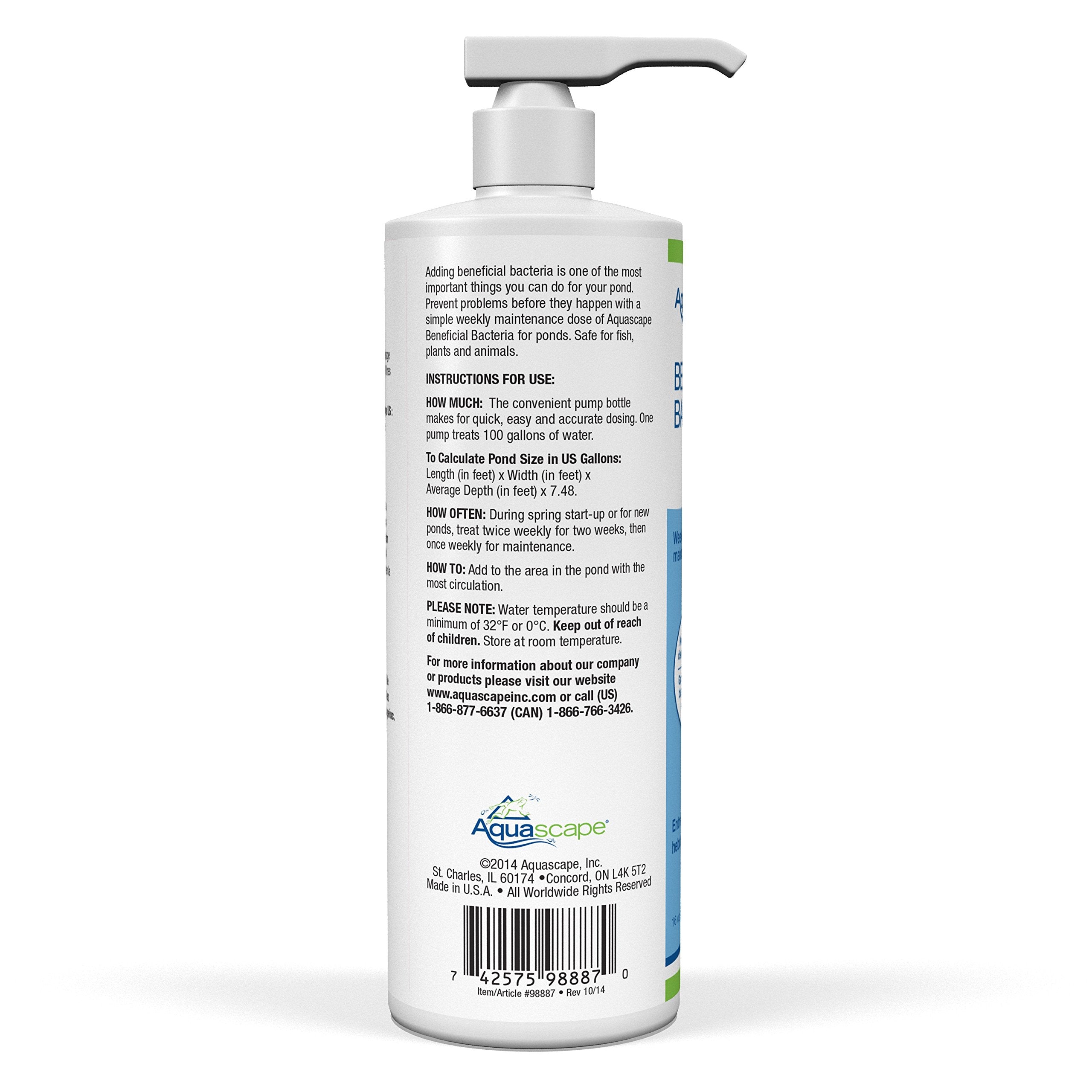 Aquascape Liquid Beneficial Bacteria beside a pond suggesting water clarity benefits.