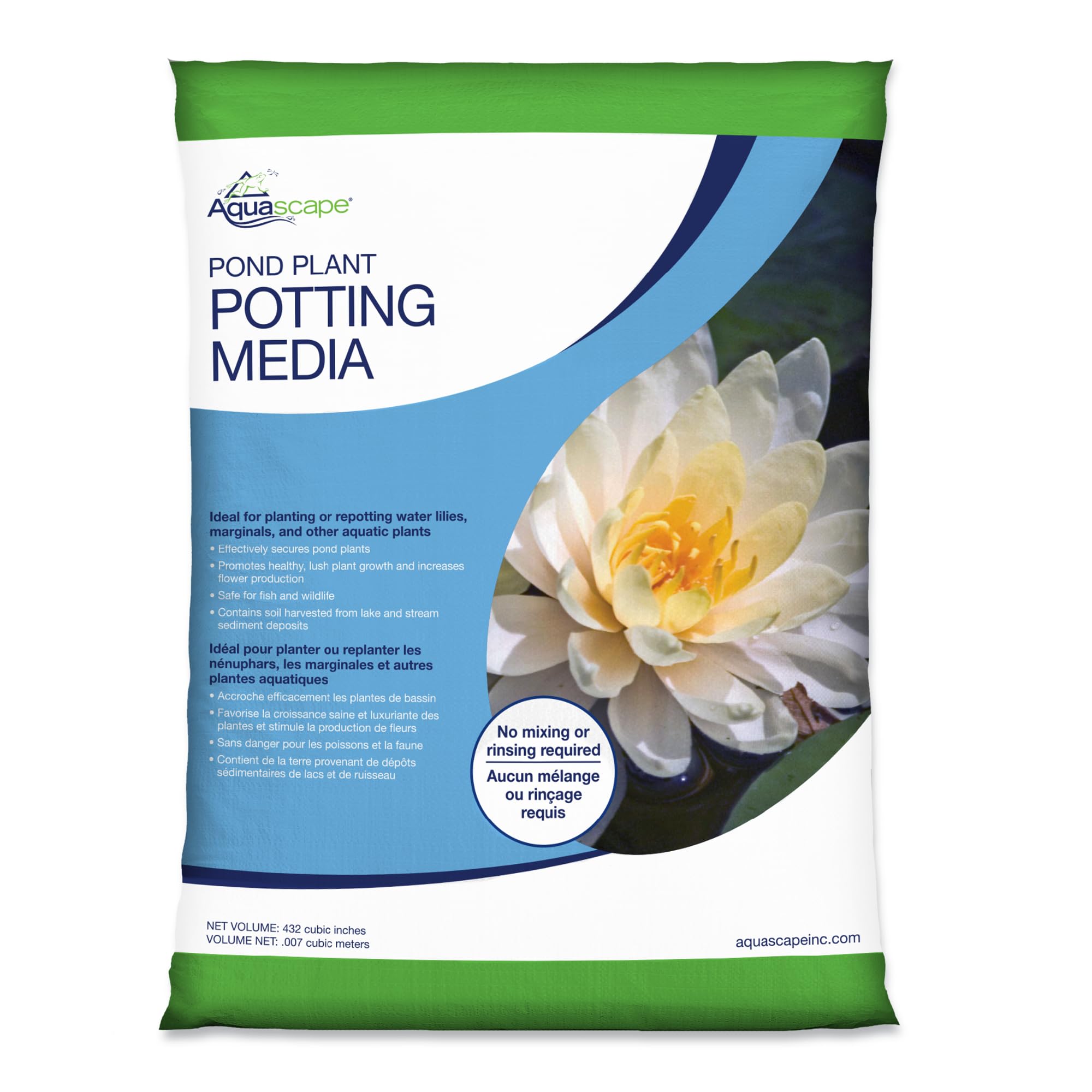 Aquascape pond potting media bag closeup shows fine, non-toxic planting medium.