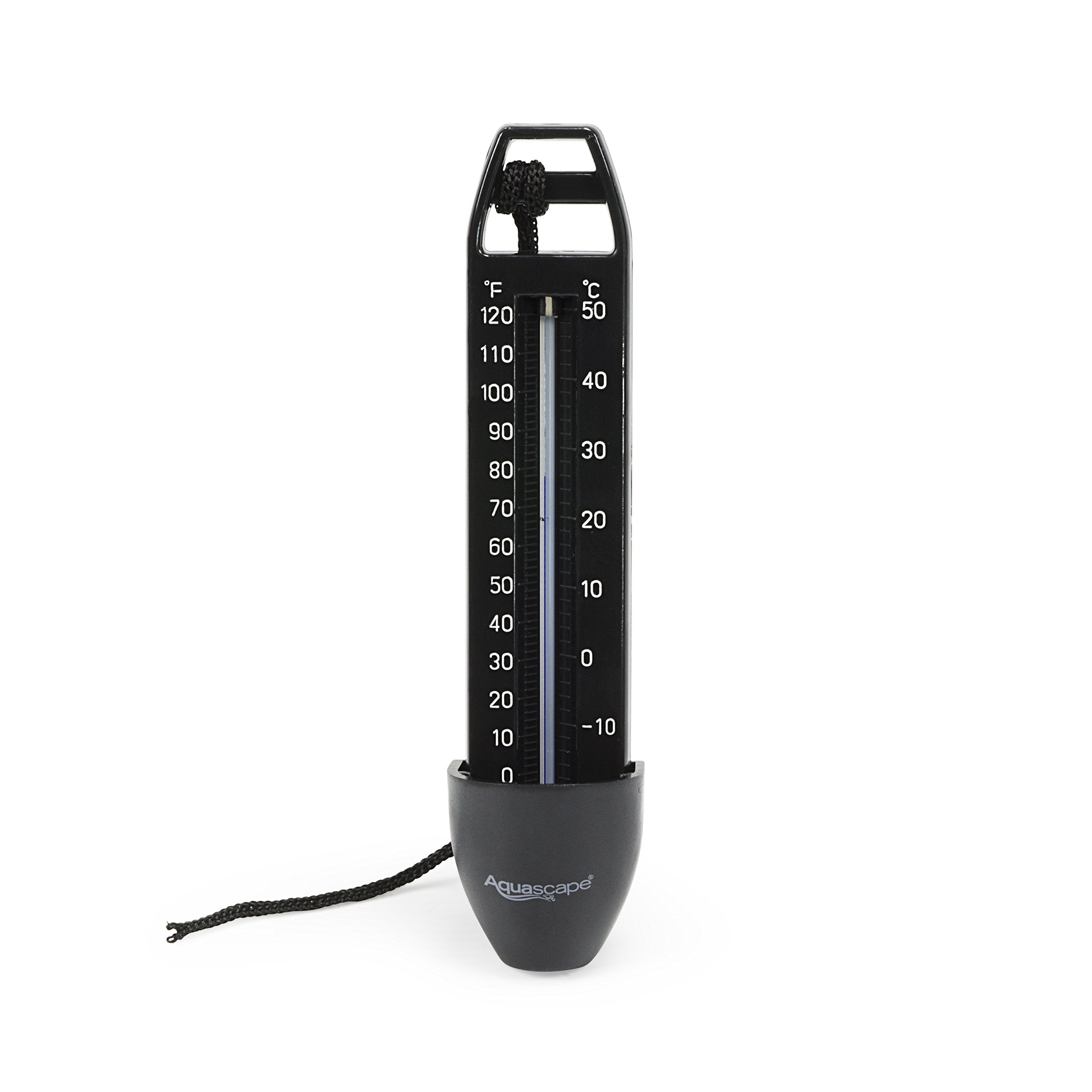 Aquascape submersible pond thermometer in black for year-round temperature tracking.