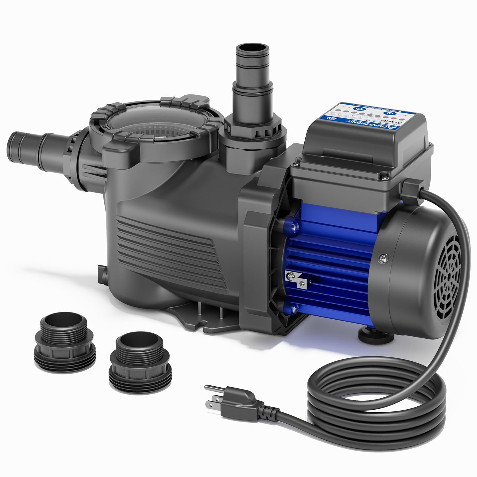 AquaStrong above-ground pump front view shows compact design for easy outdoor setup.