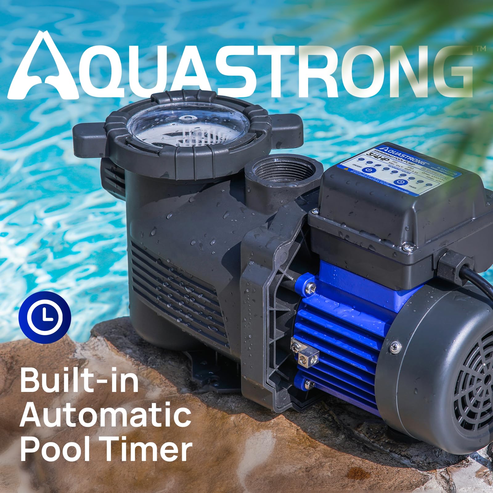 AquaStrong above-ground pump side view highlights simple wiring and installation.