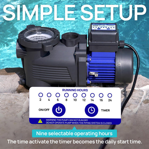 AquaStrong above-ground pump timer setting demonstrates programmable daily operation.