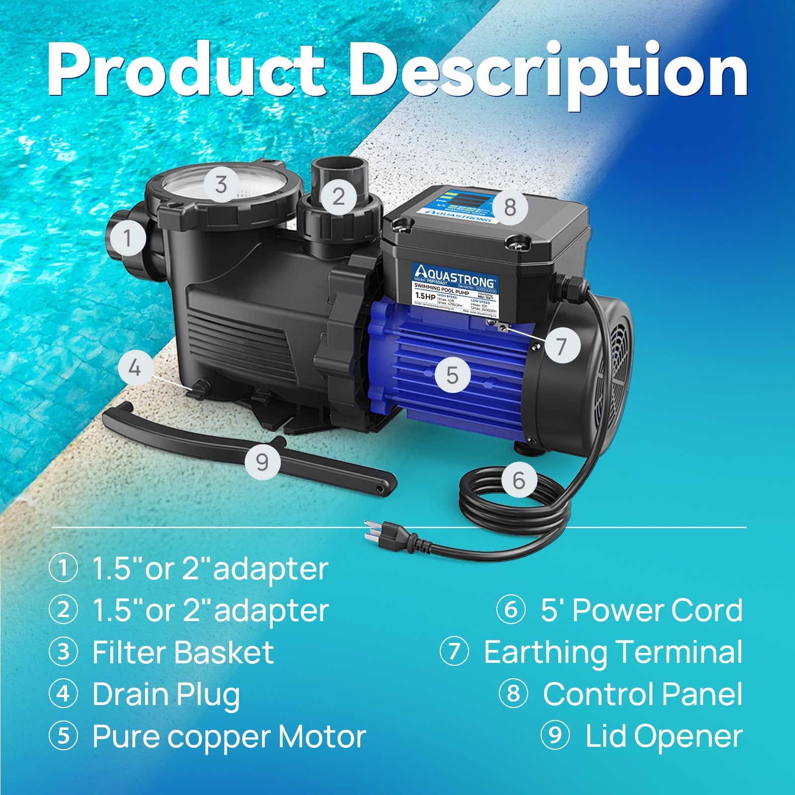 AQUASTRONG energy-saving low-speed operation ideal for off-peak filtration.