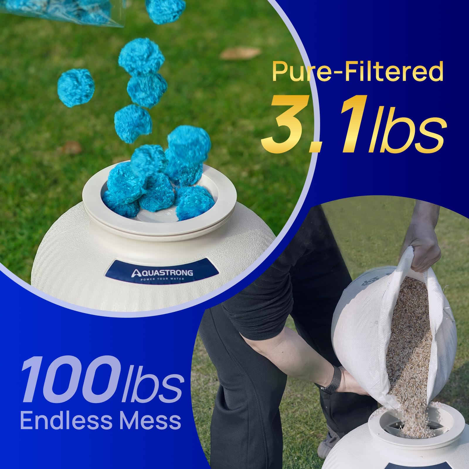 AQUASTRONG filter balls with dust absorption for easy cleaning.