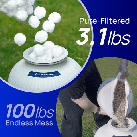 AQUASTRONG filter balls during easy-clean cycle, showcasing reuse and reduced backwashing.