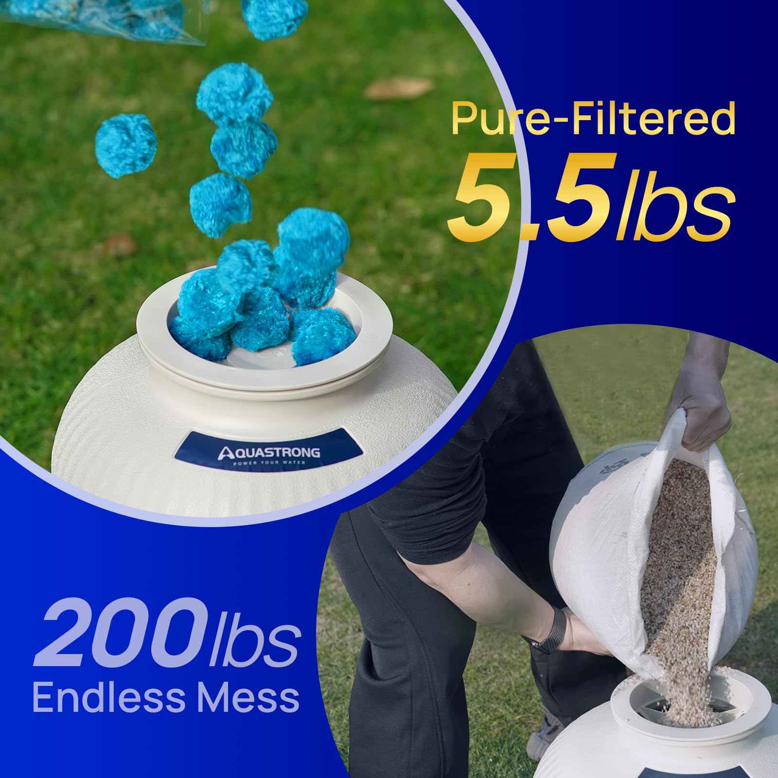 AQUASTRONG filter balls ready for installation in pool and aquarium systems.