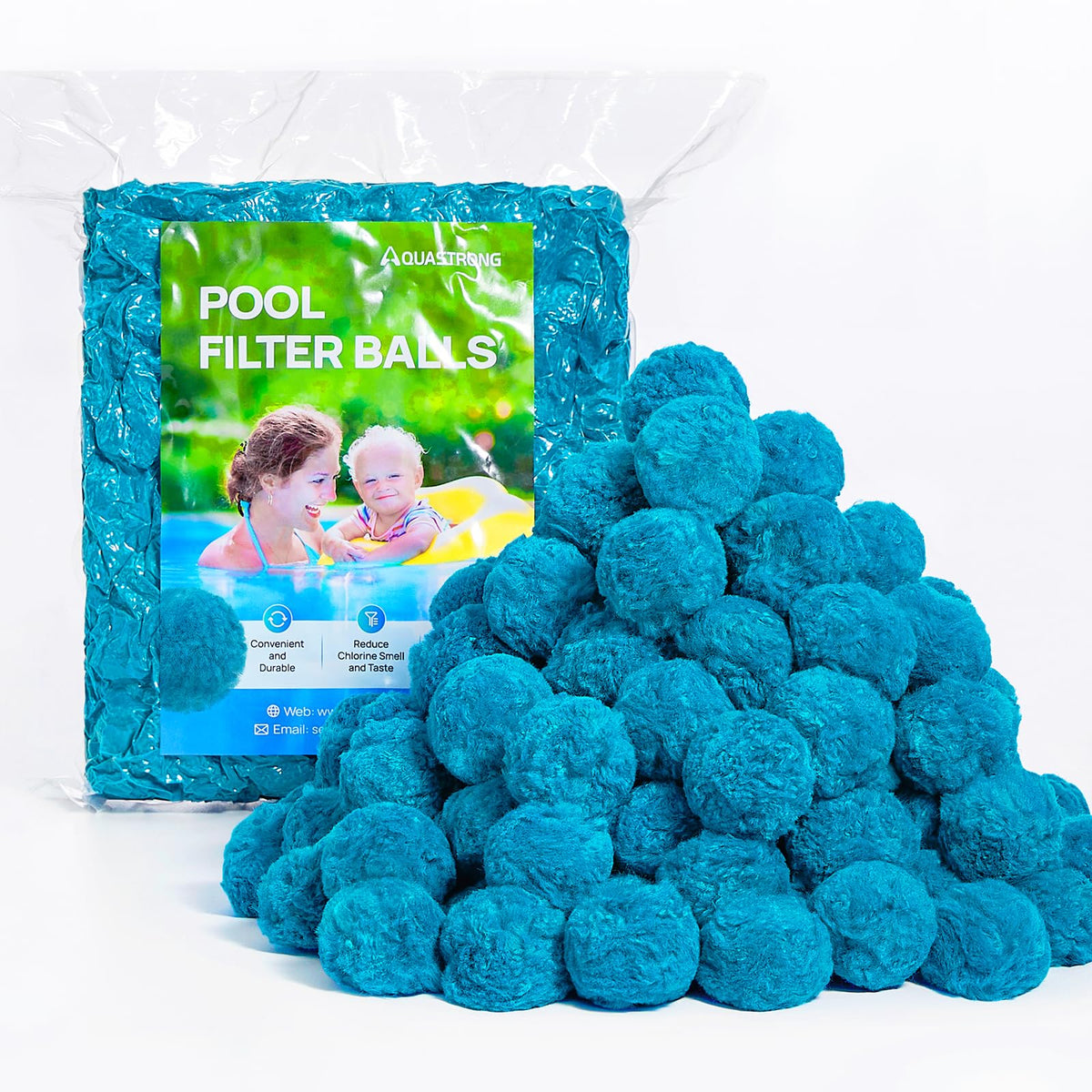 AQUASTRONG pool filter balls bottle close-up showing reusable filtration.