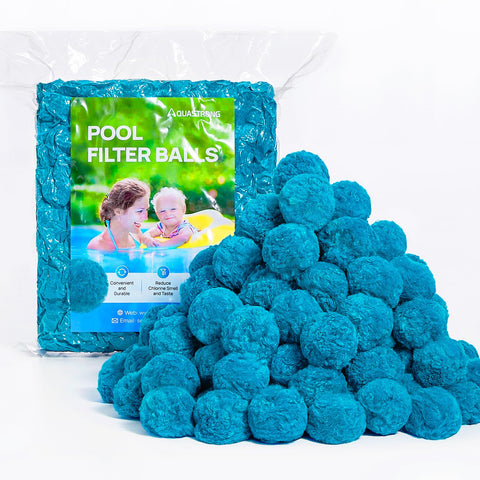 AQUASTRONG pool filter balls bottle close-up showing reusable filtration.