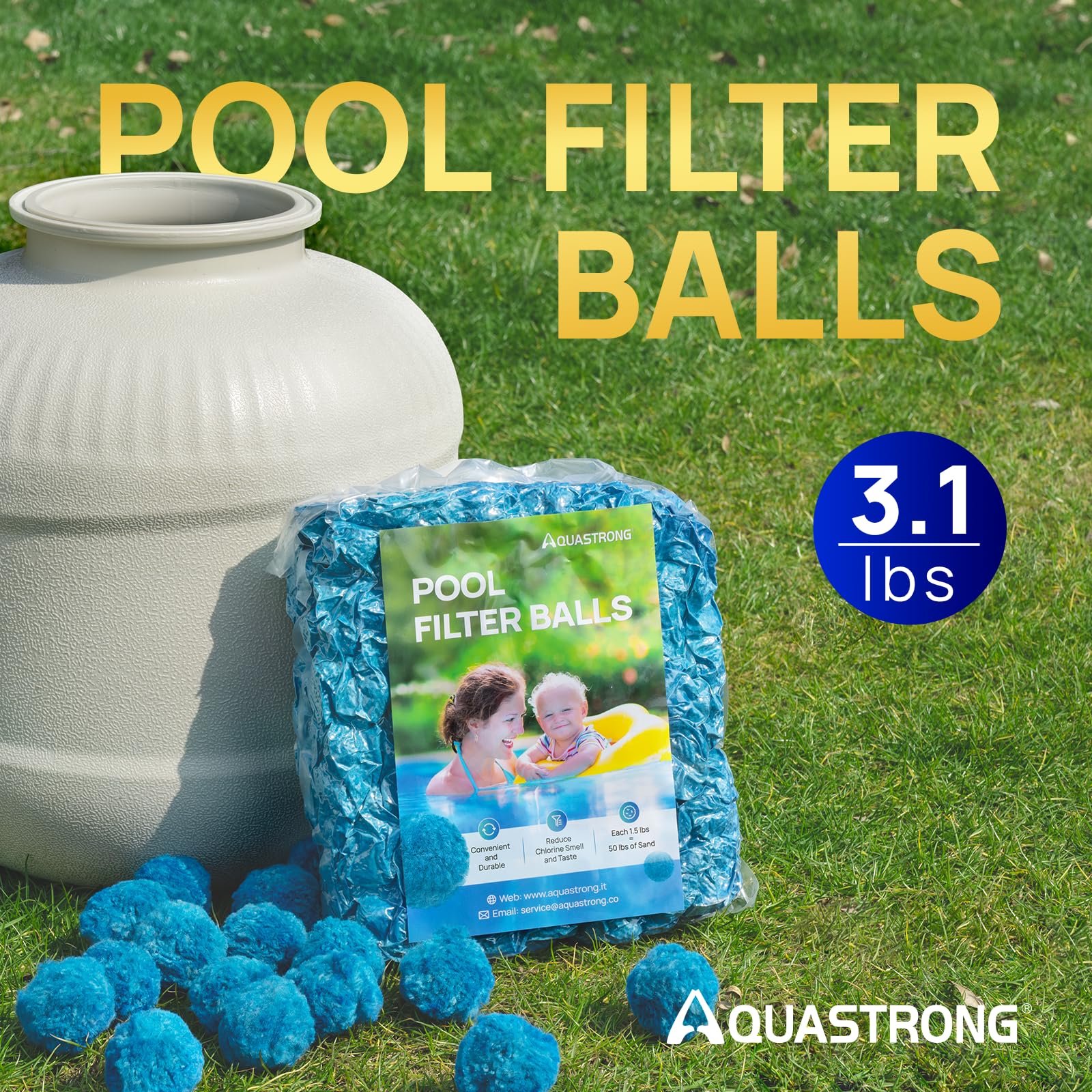 AQUASTRONG pool filter balls 3-1-lbs pack demonstrates lightweight sand replacement.