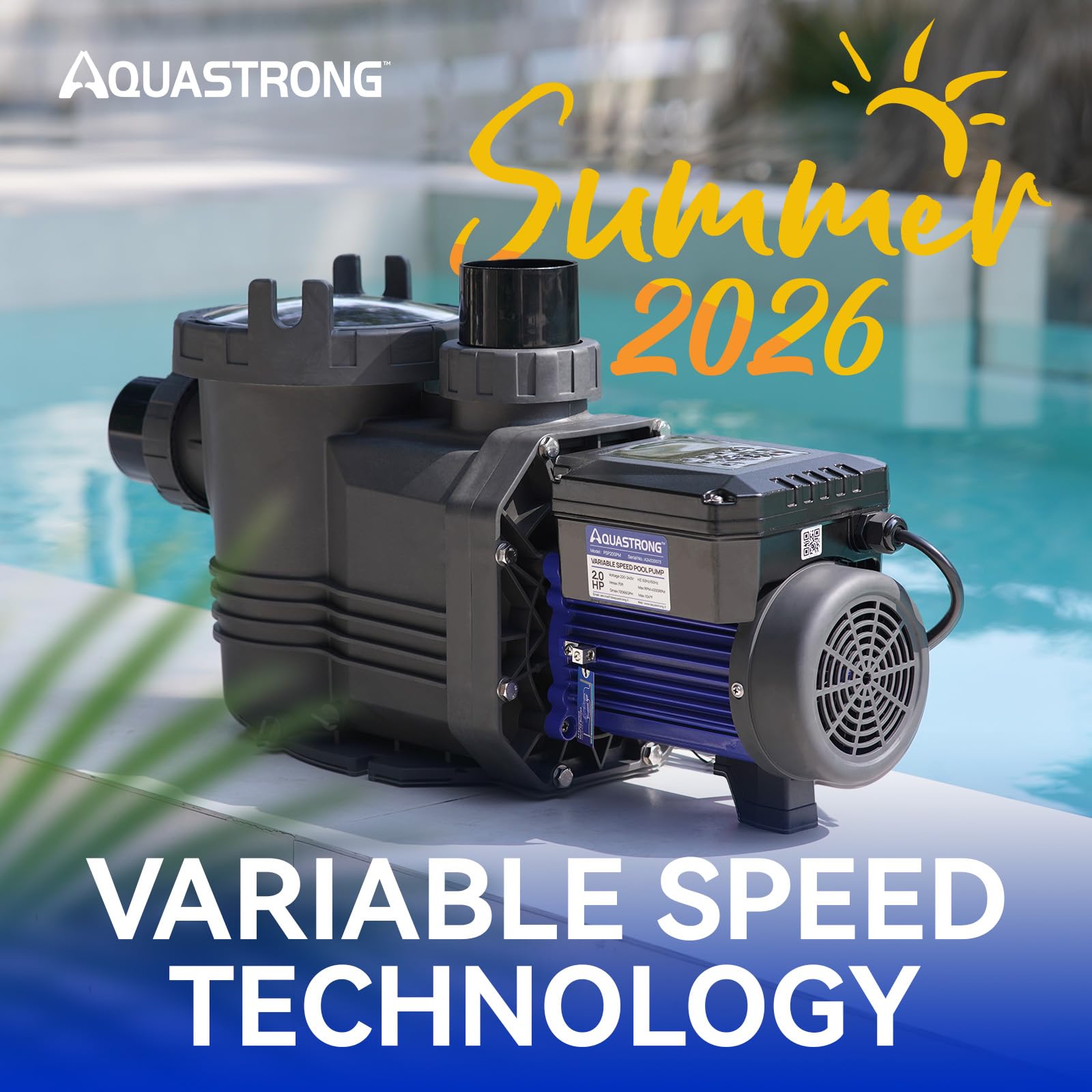 AQUASTRONG pool pump with filter basket visible for debris collection.