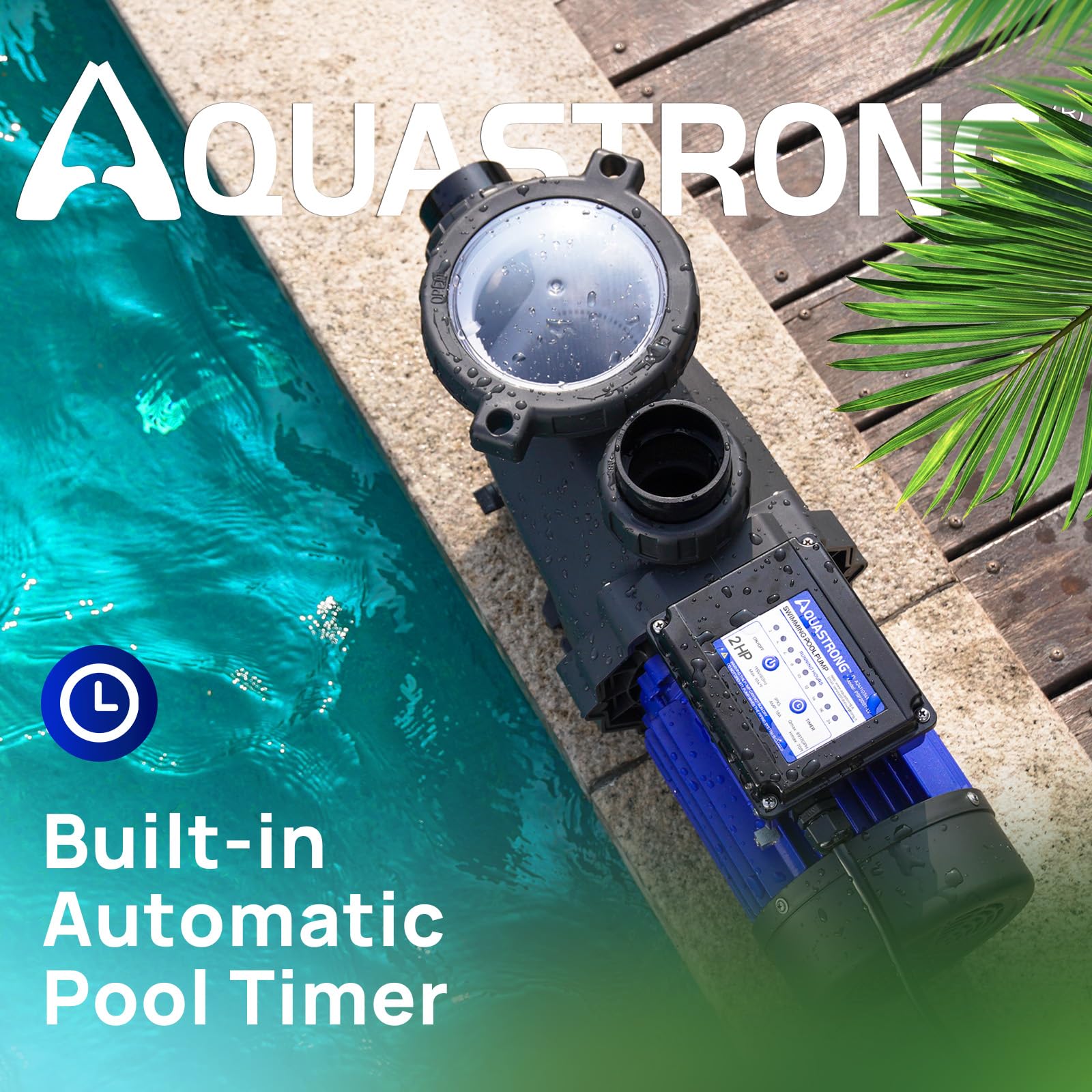 AQUASTRONG pool pump top view showcasing compact design and accessible components.