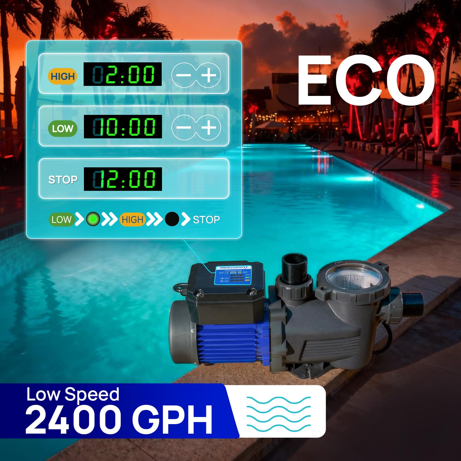 AQUASTRONG pump with included adapters for flexible pool connections.