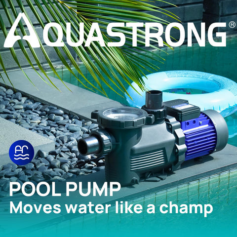 Aquastrong pump with adapters demonstrates versatile installation for 1.5 and 2 inch fittings.