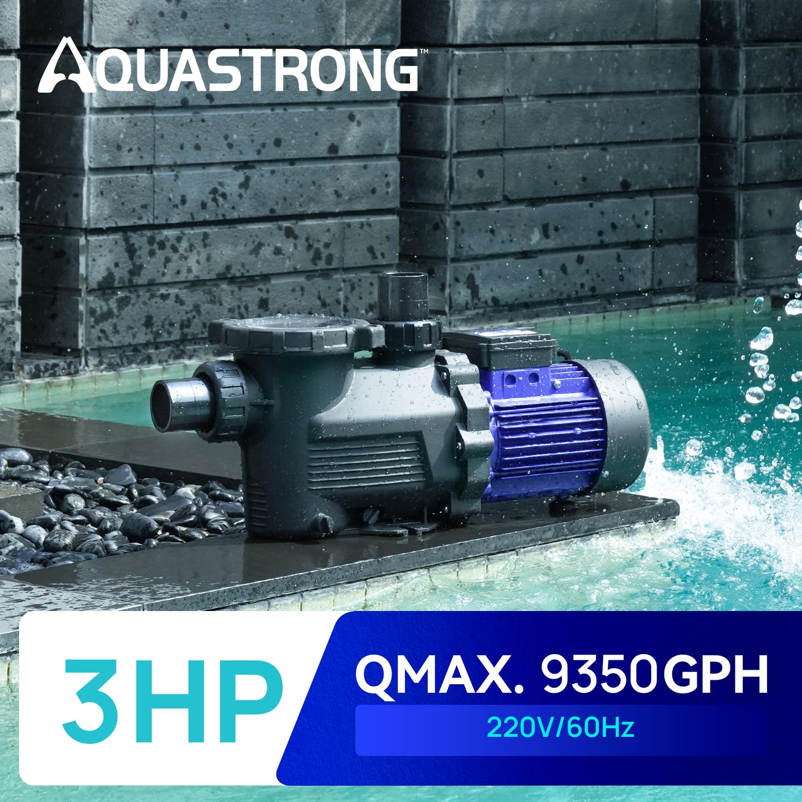 Aquastrong durable construction emphasizes UL/ETL-certified motor for long-lasting operation.