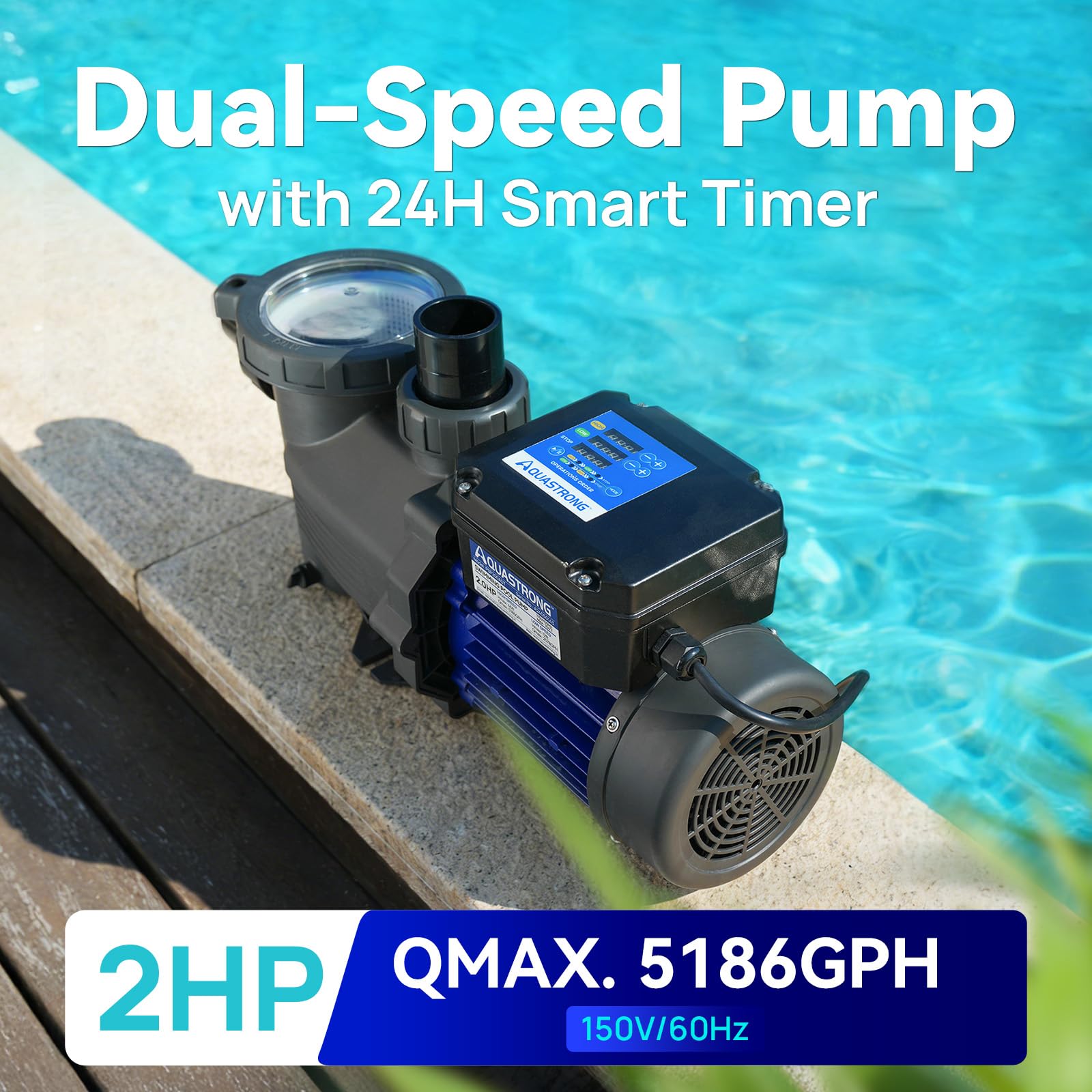 AQUASTRONG high-flow 5186 GPH setting for fast water turnover