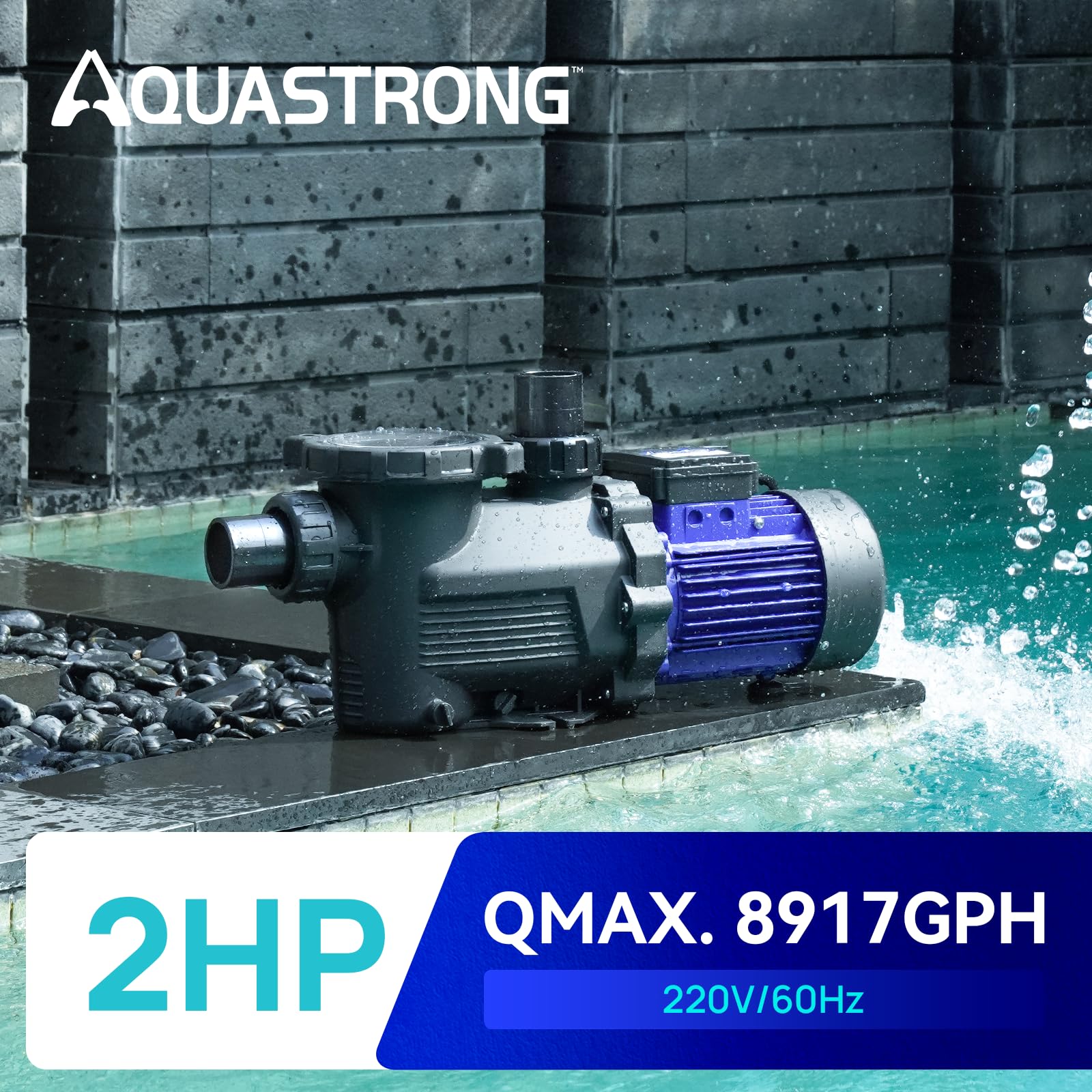 AQUASTRONG motor close-up highlighting durability and safety certification