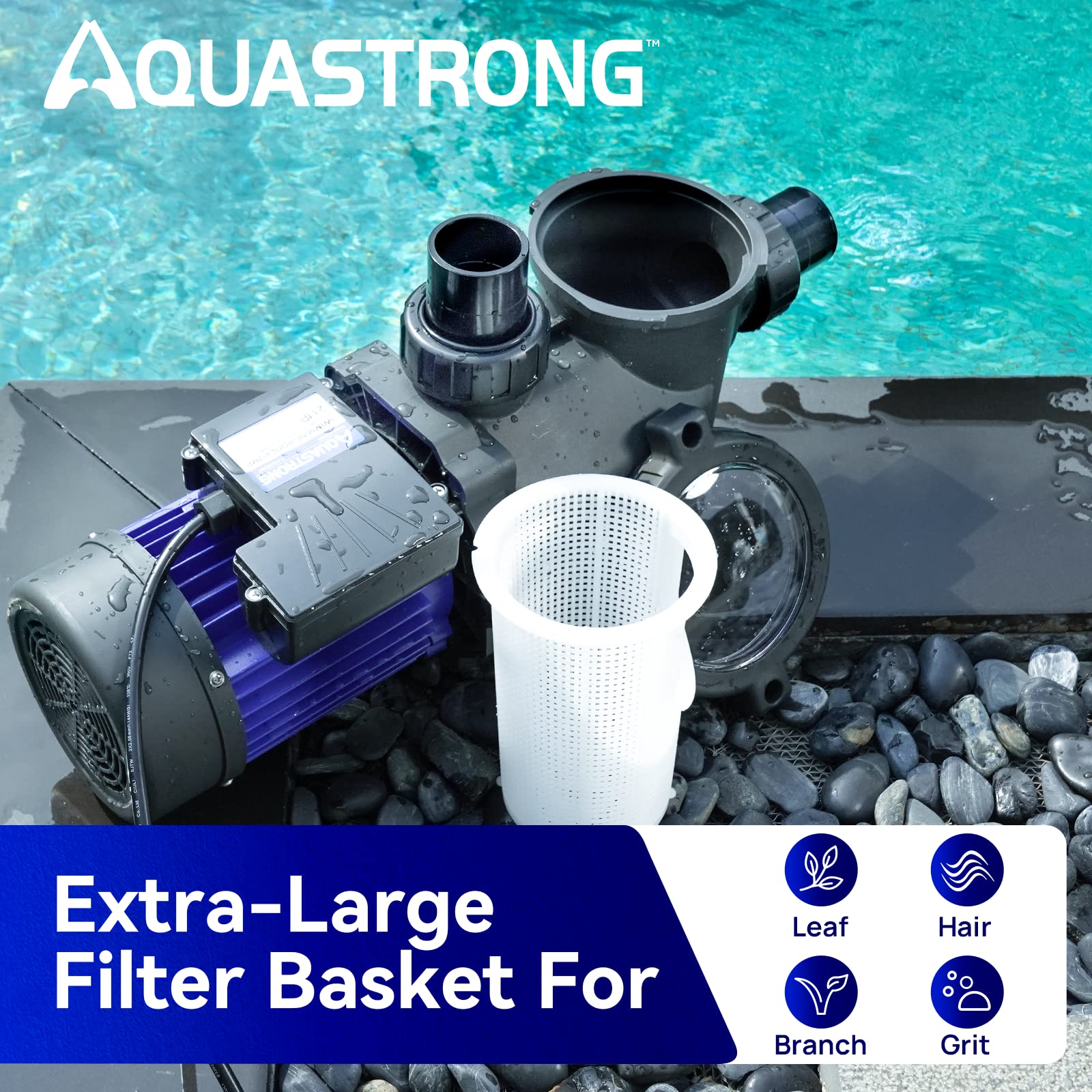 Aquastrong pump operates plug-and-play for convenient above-ground and inground setups.