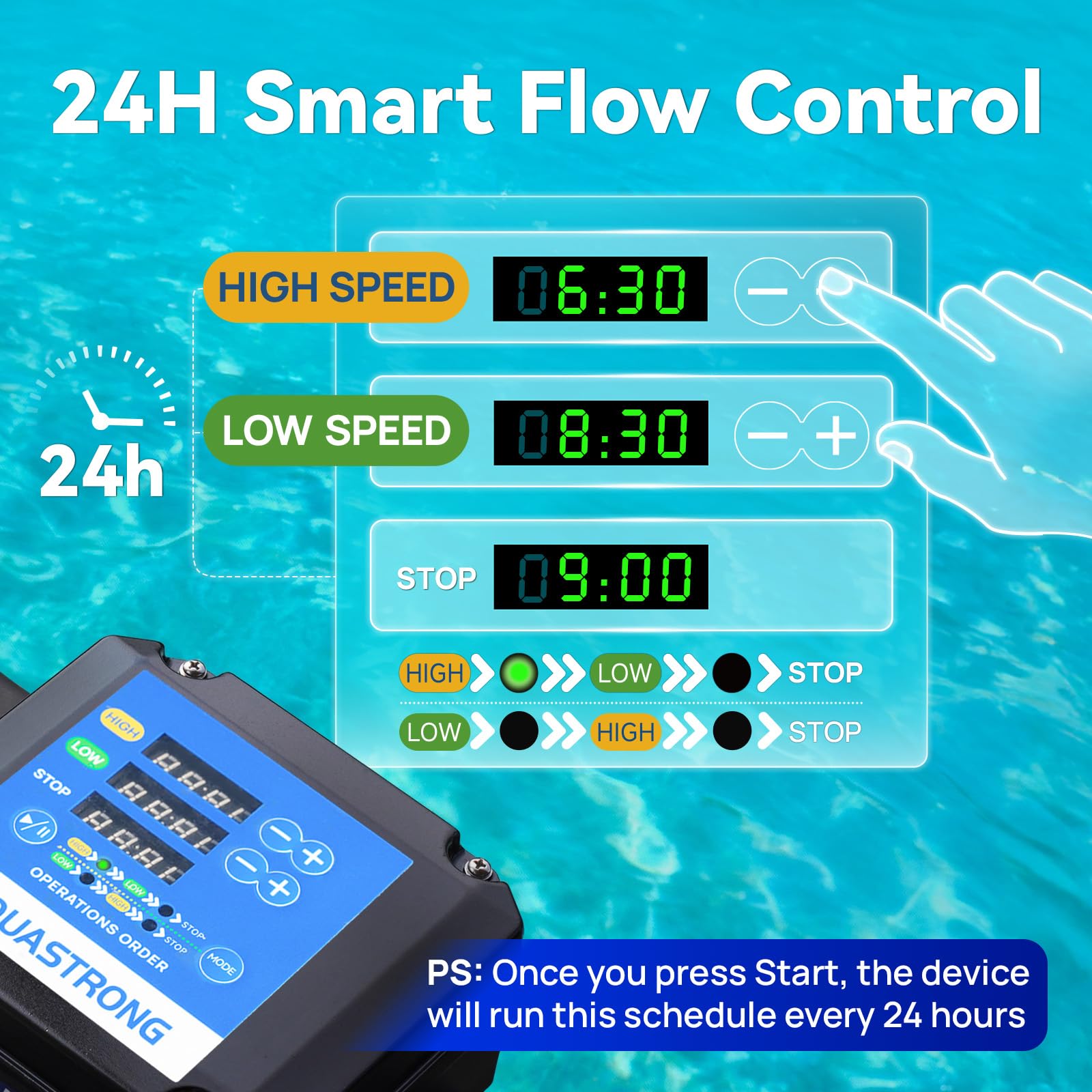 AQUASTRONG pump with timer display for automated filtration scheduling.