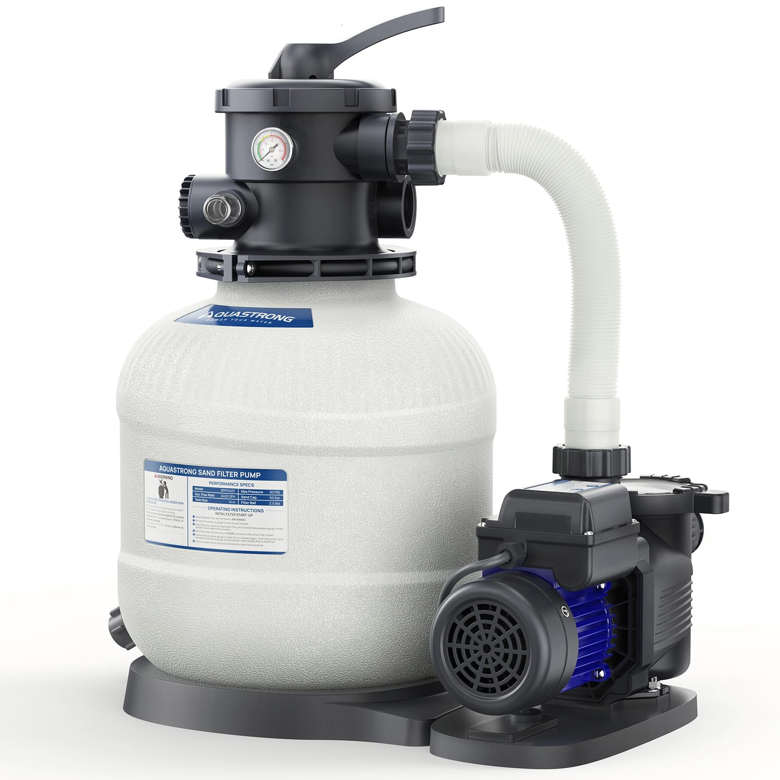 AQUASTRONG sand filter pump, side view, efficient filtration for above-ground pools