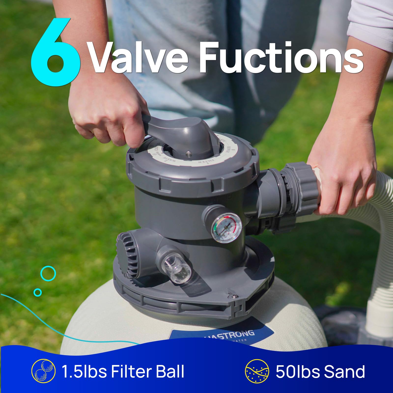 AQUASTRONG sand filter pump shows sand capacity for sustained filtration