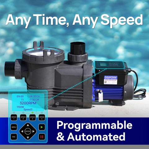 AQUASTRONG self-priming pool pump showing quick startup capability.