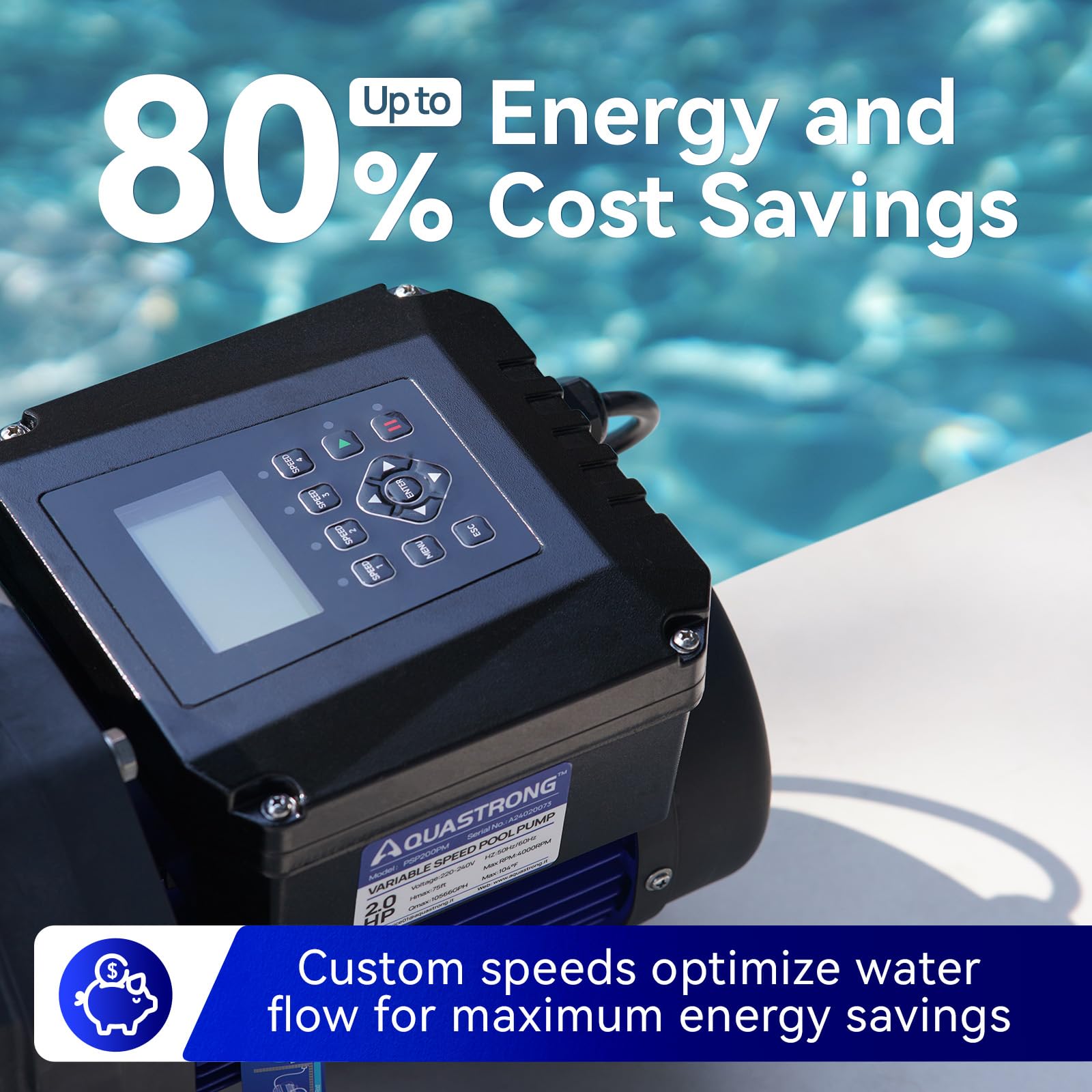 AQUASTRONG variable-speed control panel highlighting adjustable RPM for precise circulation.