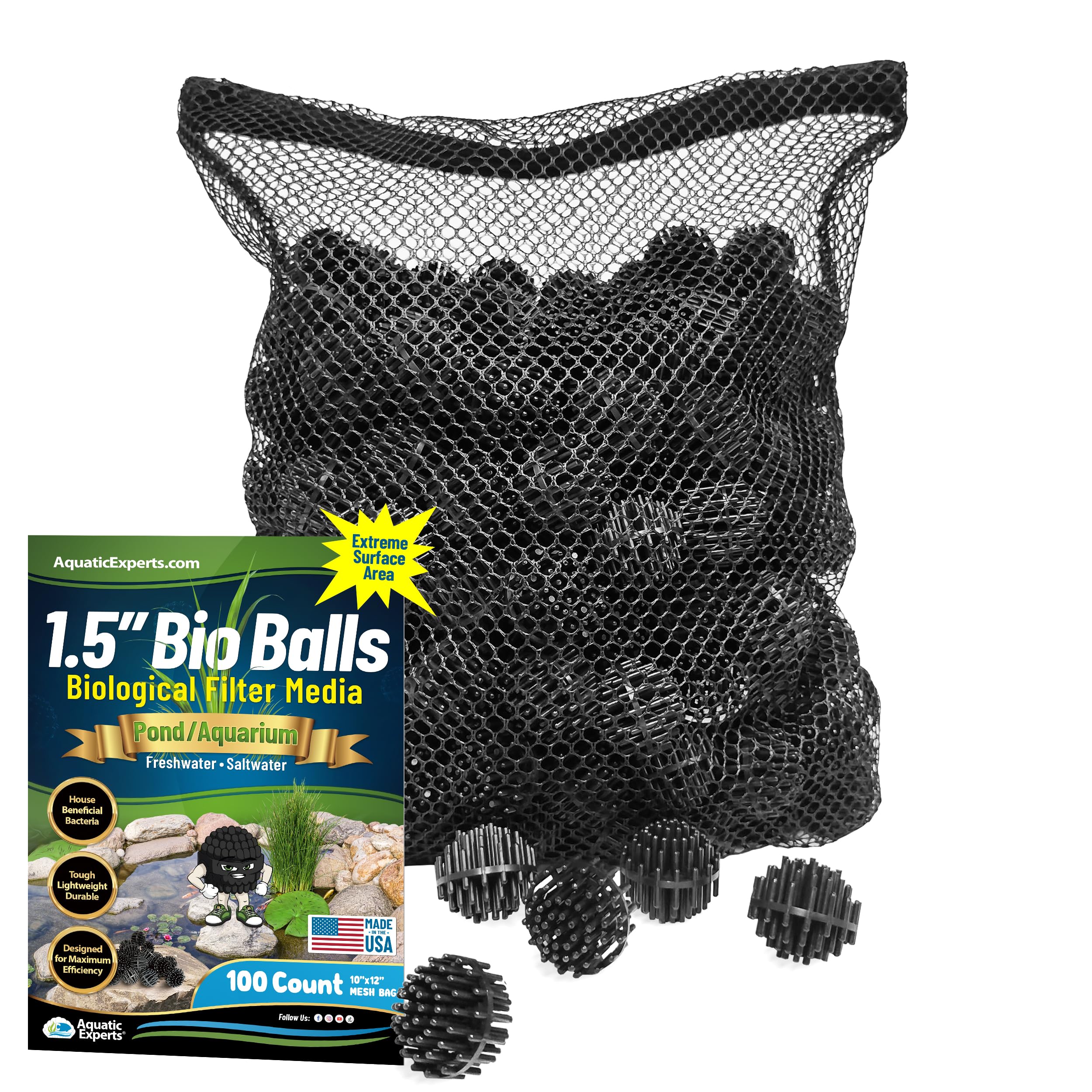Aquatic Experts 1.5-inch bio balls closeup highlighting large surface area for biofiltration.