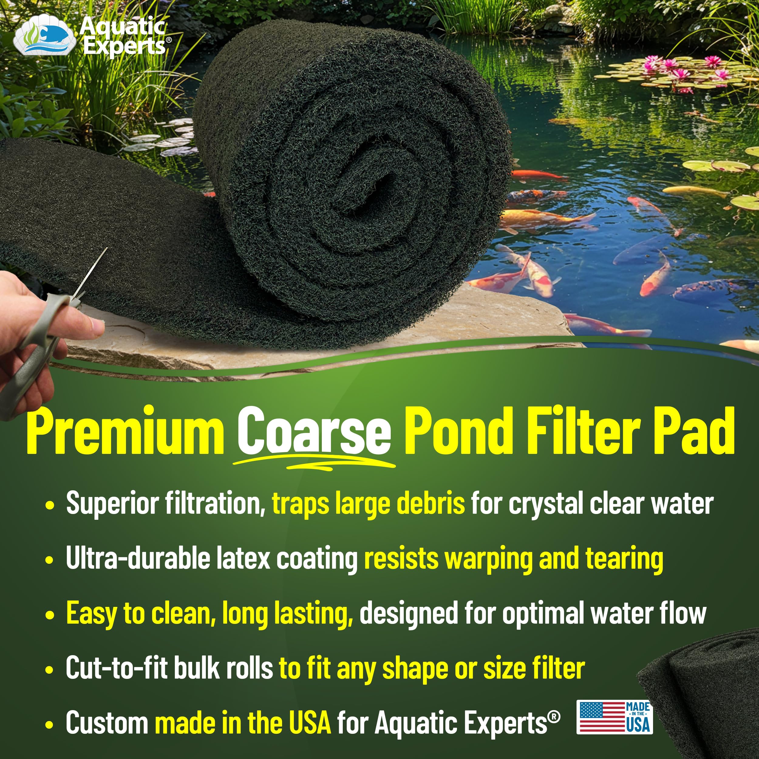 Aquatic Experts coarse filter pad in-pond flow traps waste and decaying matter.