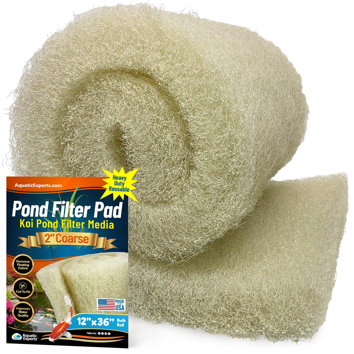 Aquatic Experts Cream coarse pad, 2-inch thick, enhances koi pond filtration.