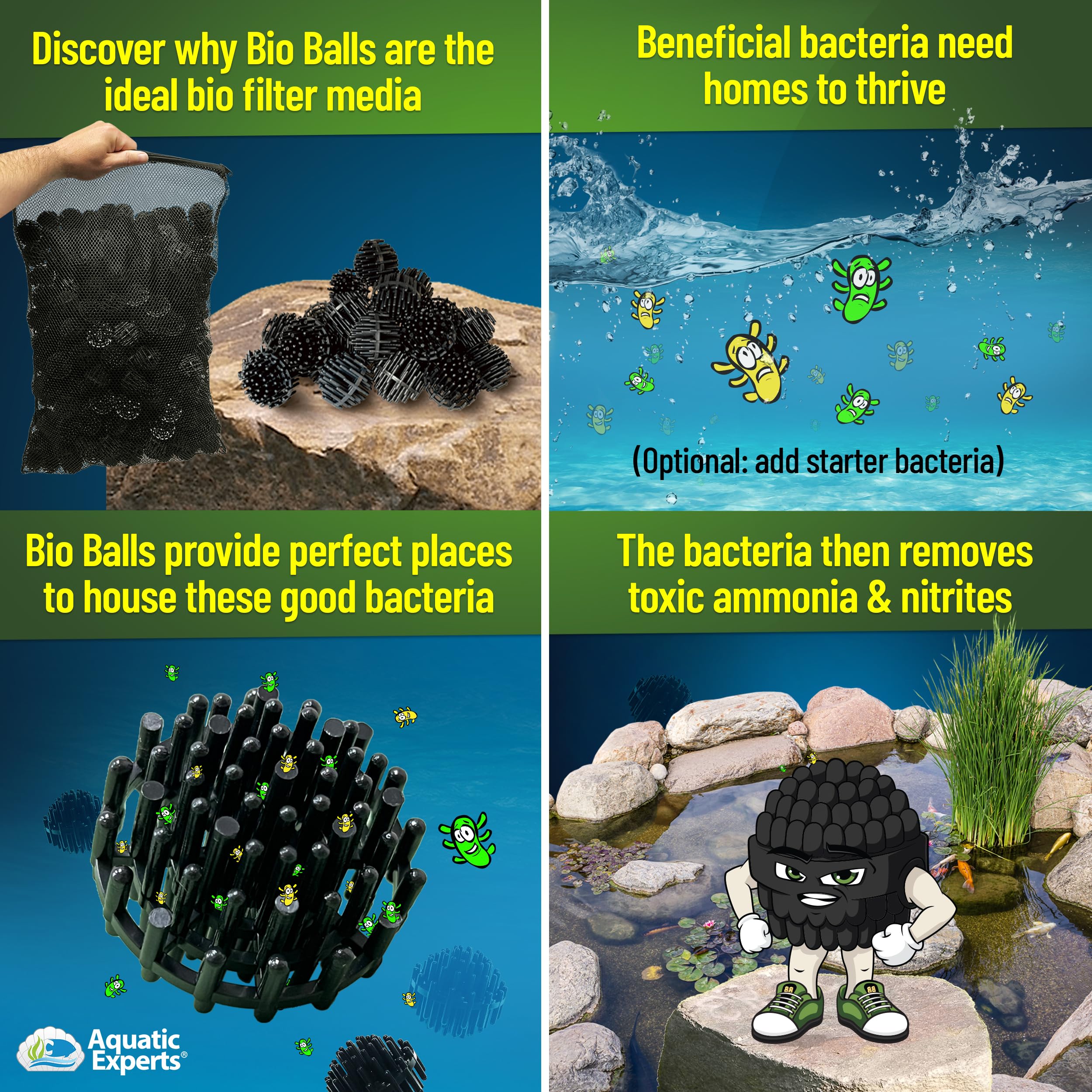 Aquatic Experts durable polypropylene bio balls built to last in outdoor ponds.