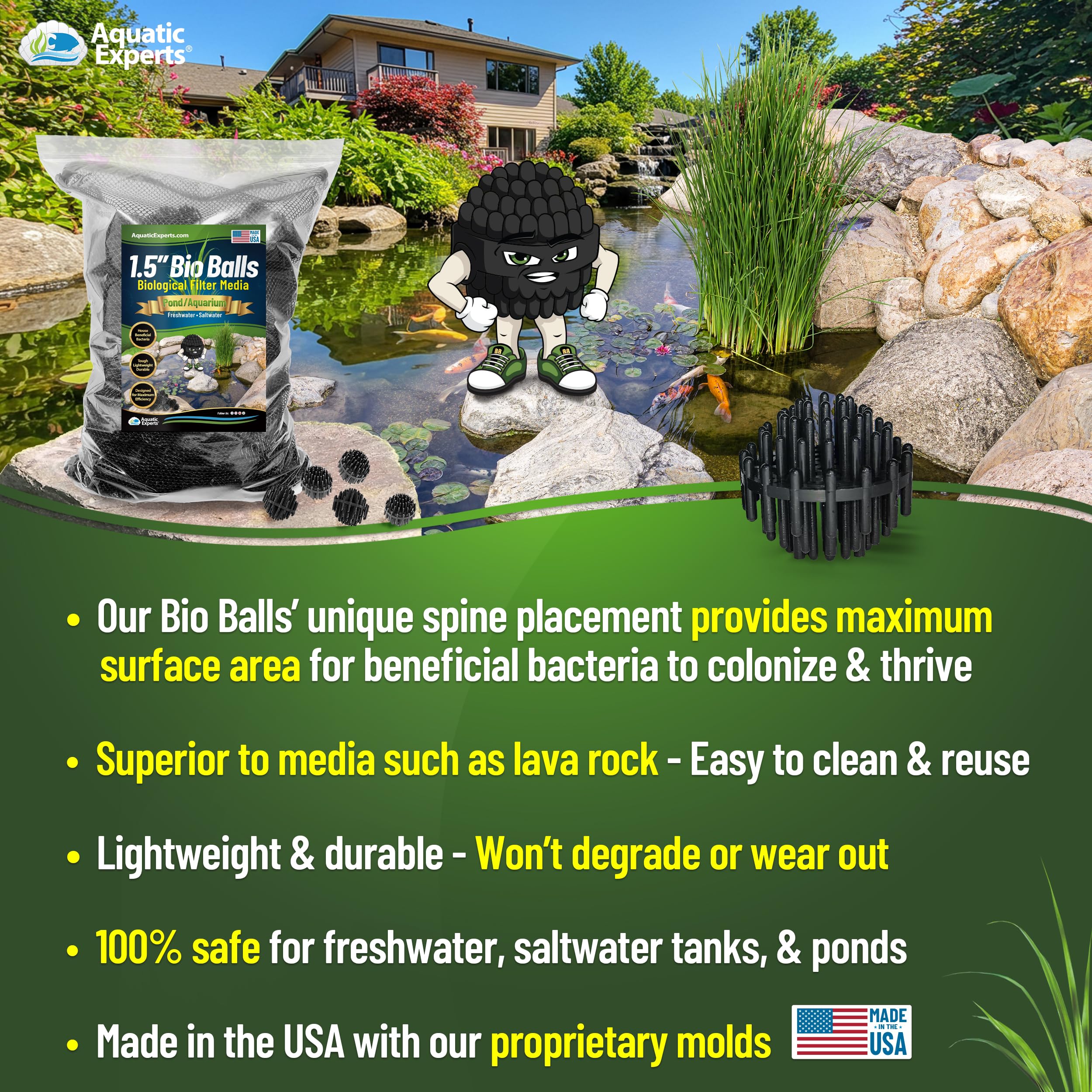 Aquatic Experts bio balls in use inside a pond filter with a waterfall.