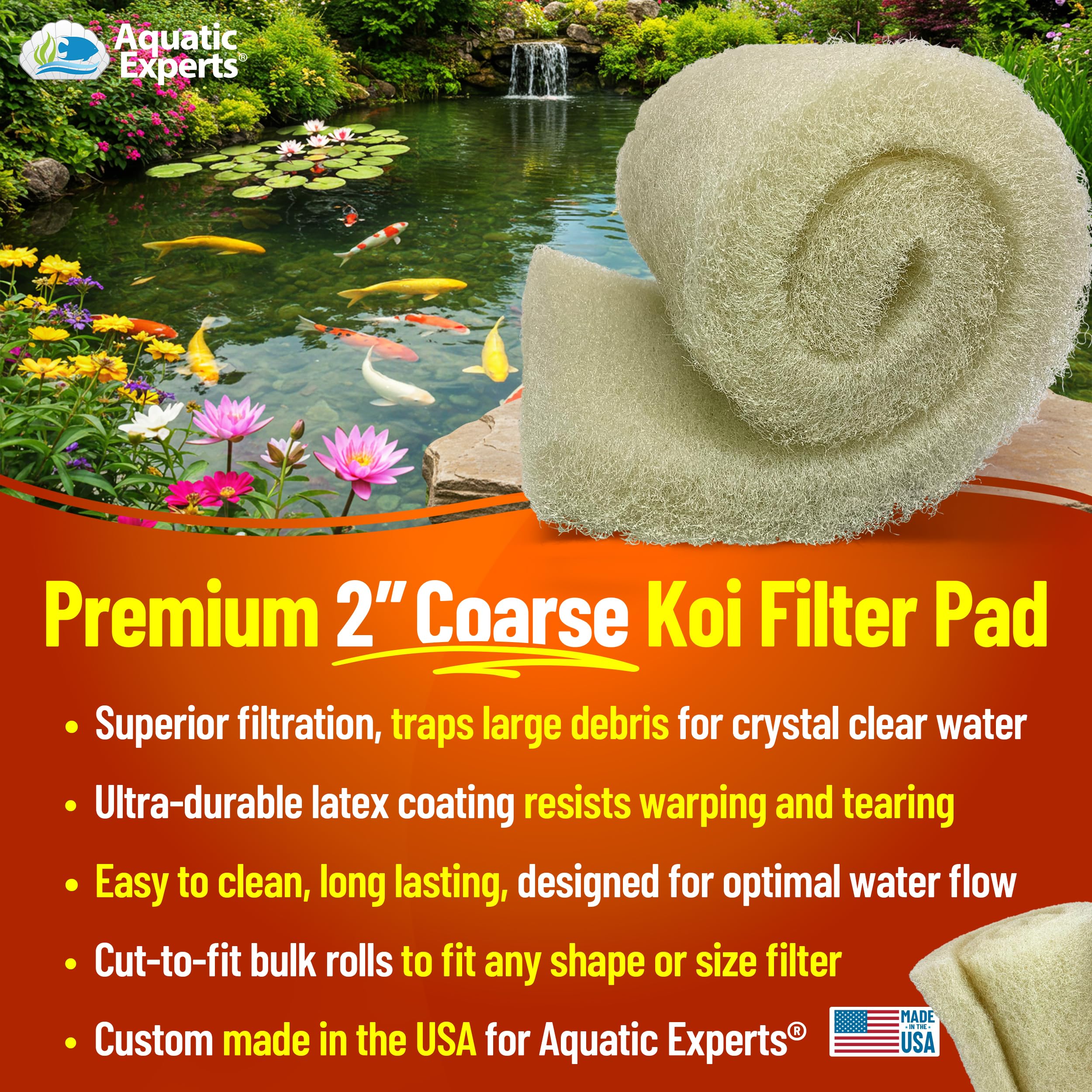 Bulk roll pond pad from Aquatic Experts for scalable koi pond filtration.