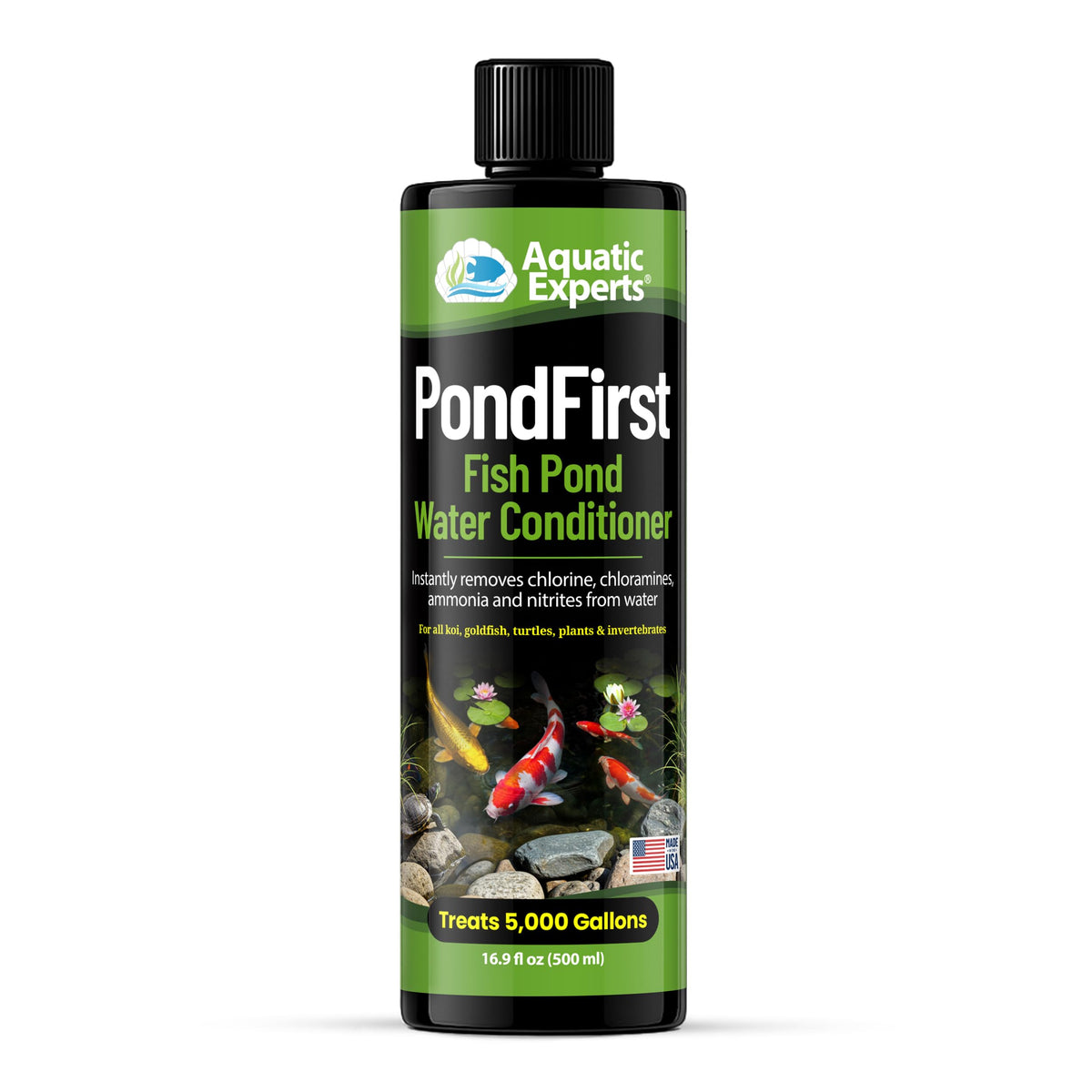 Aquatic Experts PondFirst bottle cap shows accurate dosage for safe pond water.