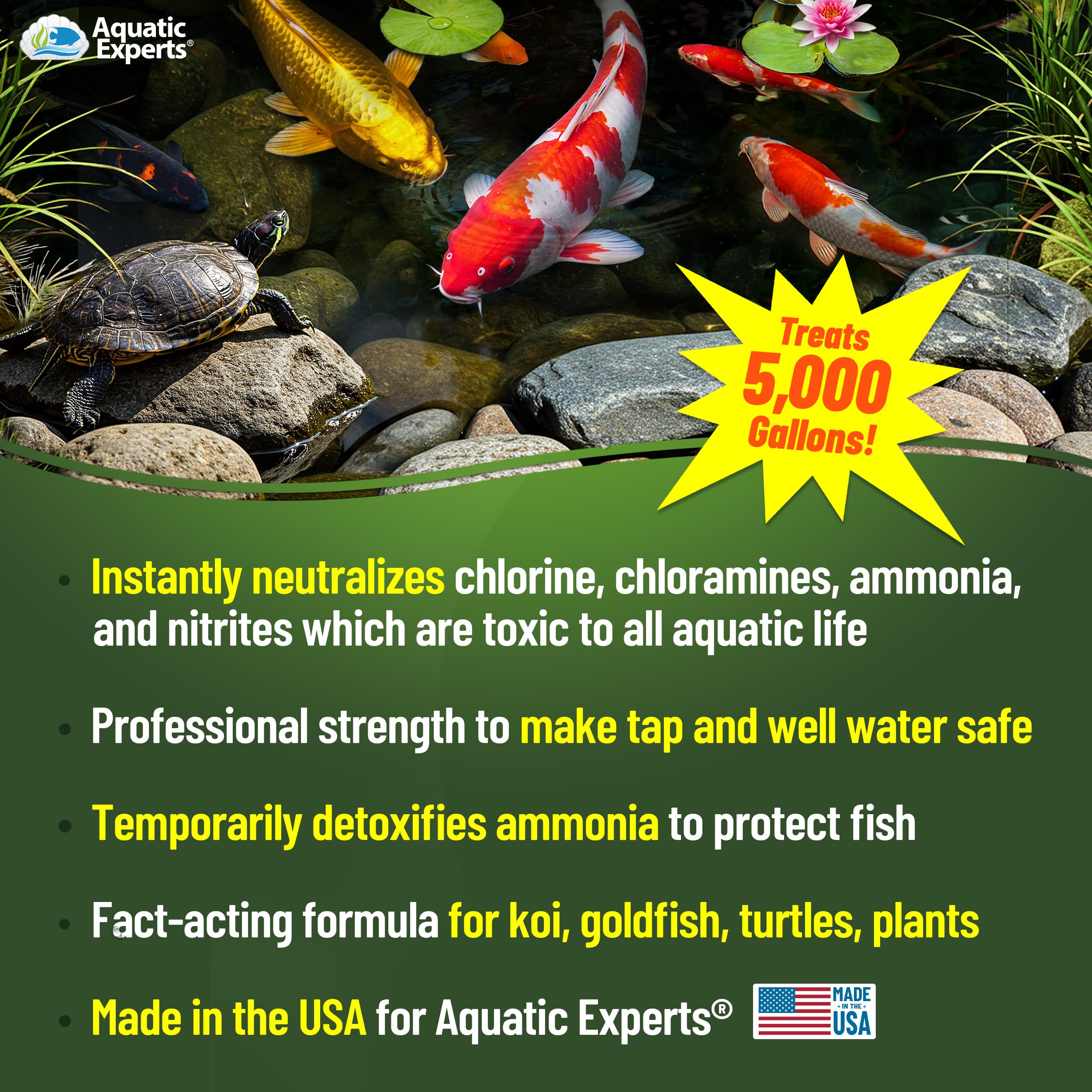 Aquatic Experts PondFirst bottle front displays compact, ready-to-use dechlorinator.